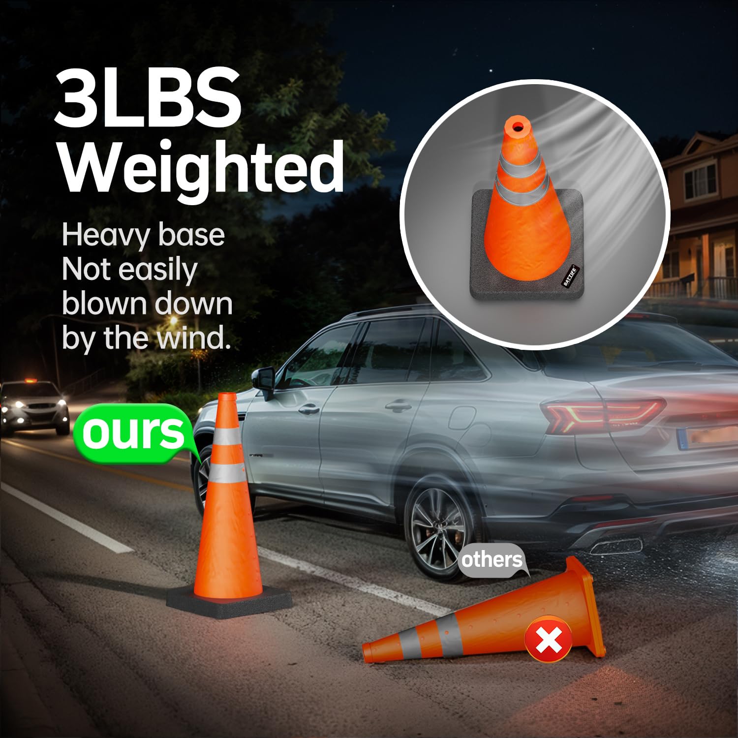 BATTIFE [2 Pack] 28 Inch Collapsible Traffic Safety Orange Cones with Black Weighted Base, Multi Purpose Pop-up Cones and Reflective Collar, for Road Parking, Driving Practice.