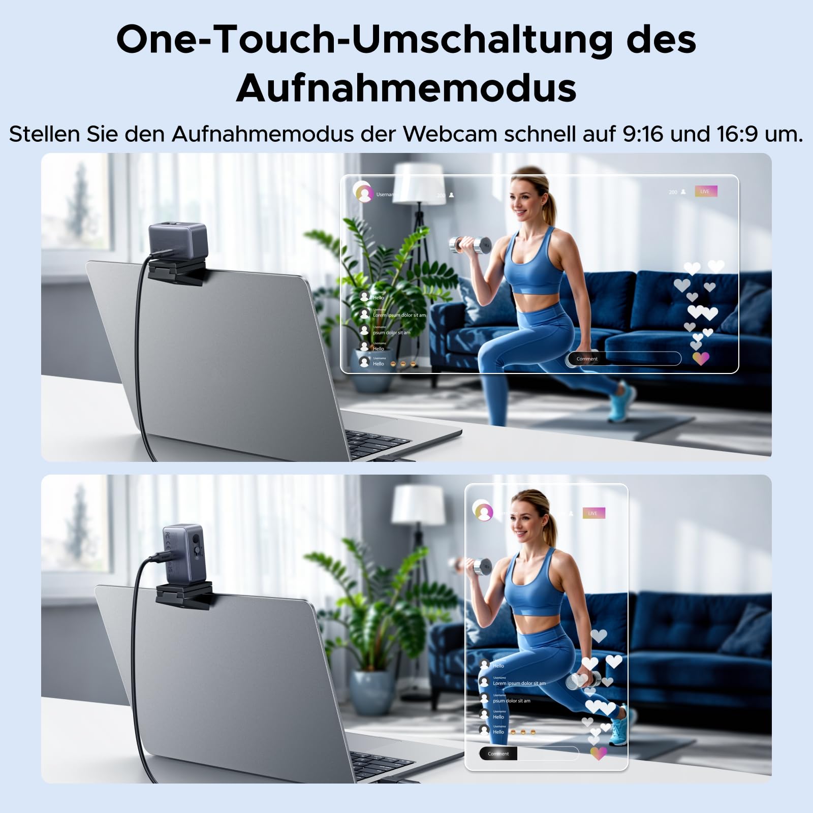 UGREEN FineCam 1080P, Fixfokus, Dual-Mikrofon, Face AE, Objektivdeckel | FHD Webcam 1080P 60FPS, Face AE, Geräuschunterdrückung, Porträtmodu, Stativ, USB-C Webcam für PC/Laptop/Windows/Mac