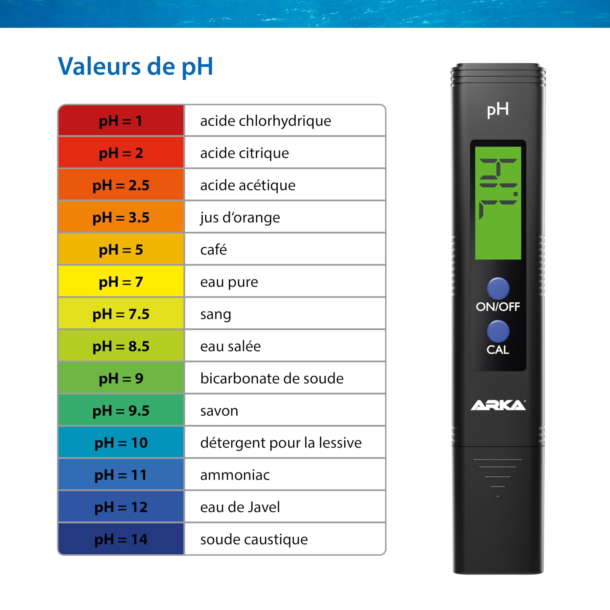 ARKA Testeur pH Digital Eau myAQUA pH-Mètre précis 0.00–14.00 – calibré en Usine + Poudre d’étalonnage – pour Aquarium, Osmose, Piscine, Jardin & labo – Compact & fiable