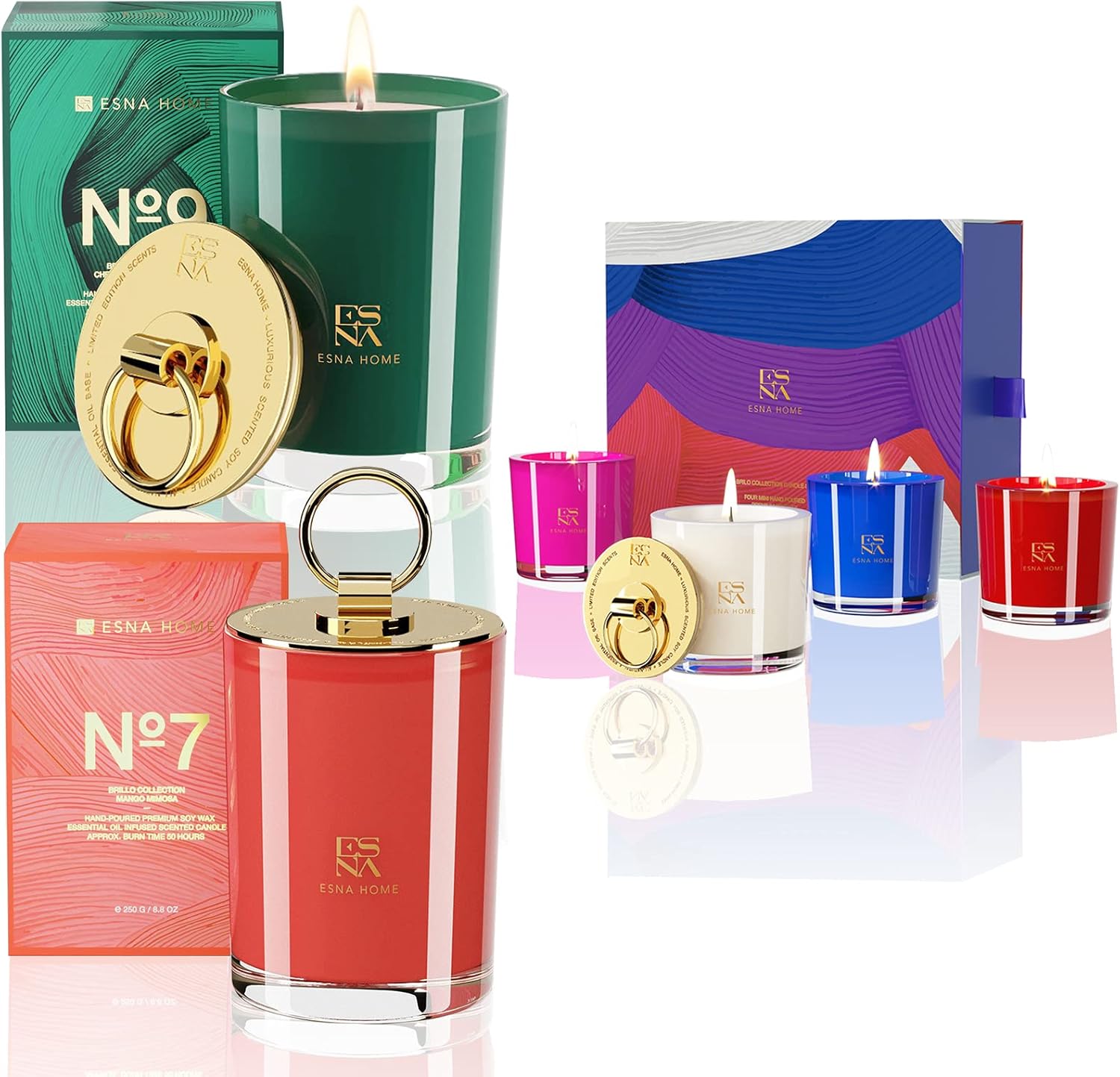 ESNA HOME Luxury Scented Sandalwood & Mango Mimosa & 4 Votive Candles Gift Set | Aromatherapy Natural Soy Glass Jar | Lavender Essential Oils | Stress Relief for Home Scented | Living Room Decor