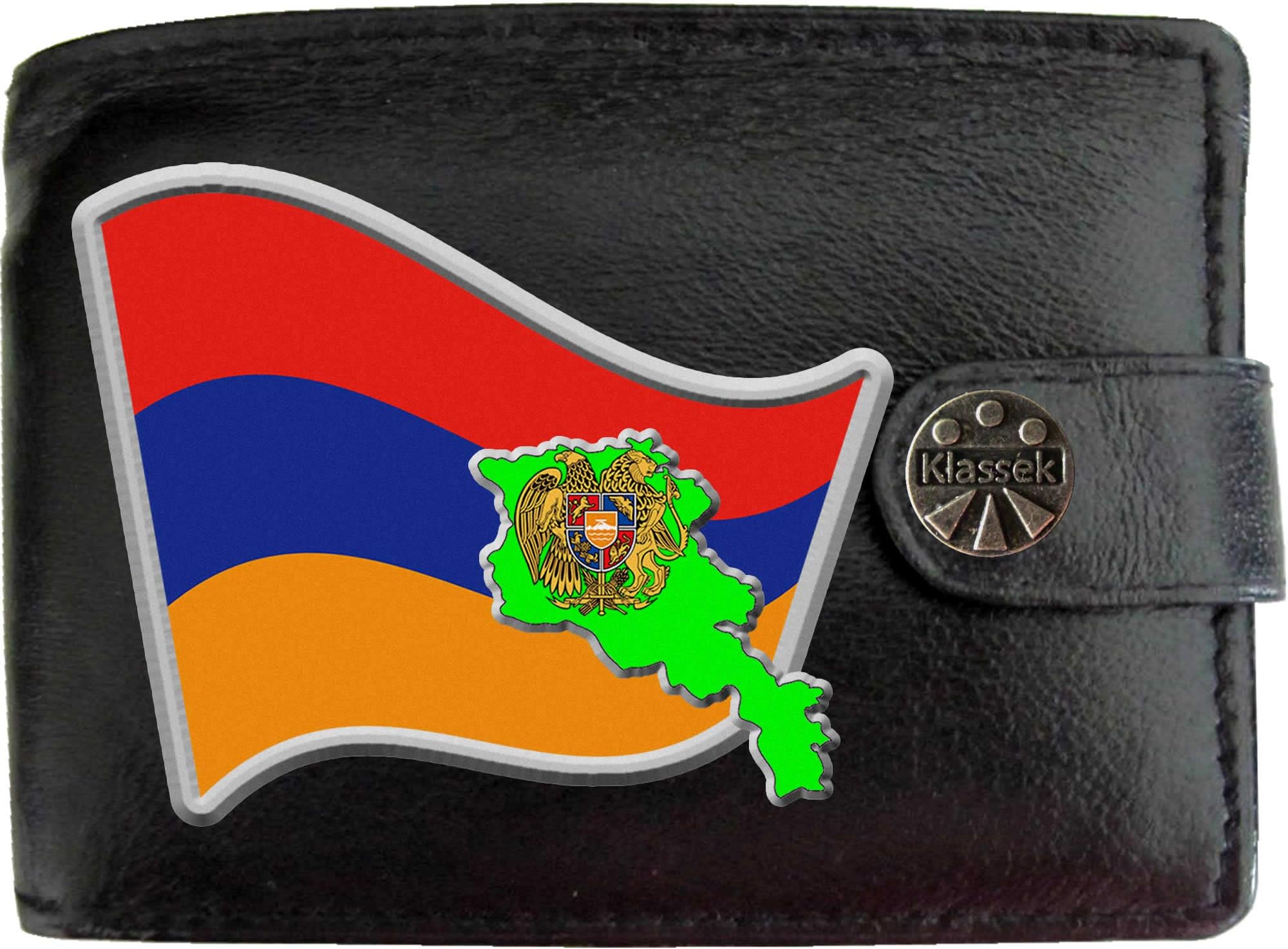 Klassek Armenia Flag Armenian Map and Coat of Arms COA Mens Wallet Real Black Leather RFID Blocking with Coin Pocket and Metal Gift Box