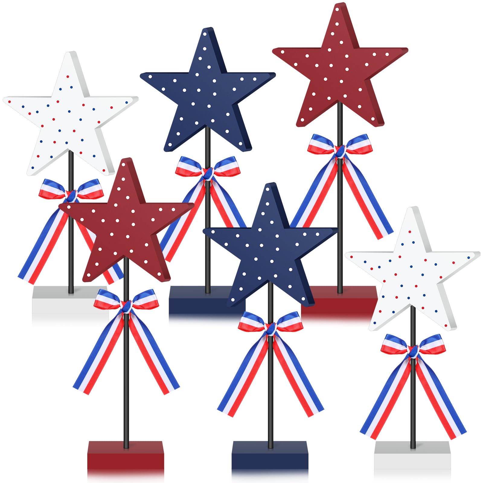 Briwooody 6 Pcs 4th of July Decoration Wooden Sign Retro Red White Blue Star Patriotic Tabletop Centerpiece Memorial Day Tiered Tray Decor for Veterans Independence Day Home Office