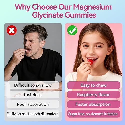 Miniatura 3 de Gomitas de glicinato de magnesio de 400 mg, suplemento de magnesio vegano sin azúcar para adultos y niños con L-treonato, B6, triptófano y omega-3