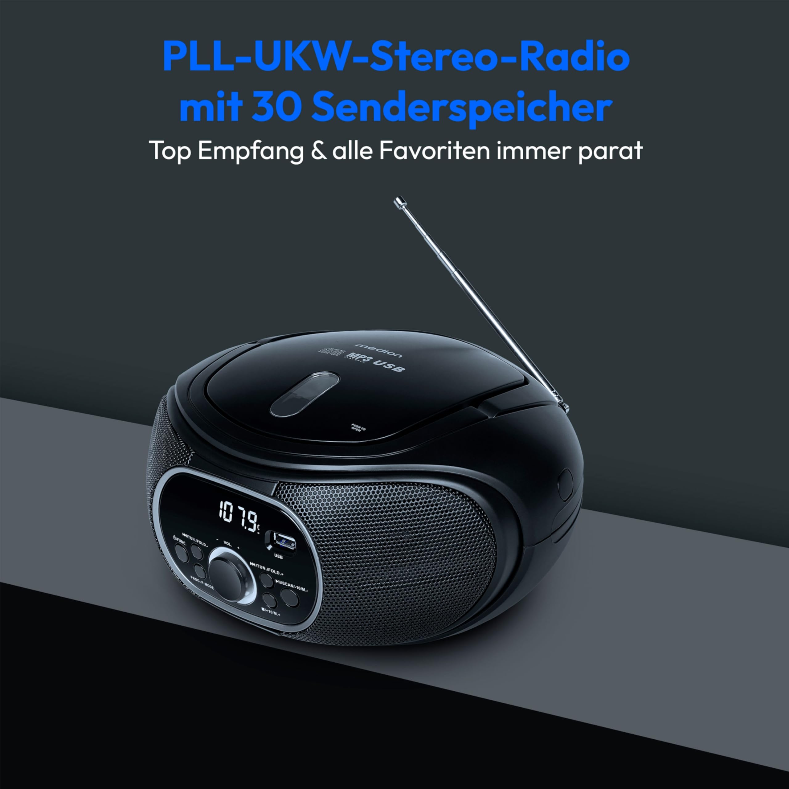 MEDION Przenośny Boombox E65711, odtwarzacz CD/MP3, FM FM, AUX, zasilanie bateryjne, czarny