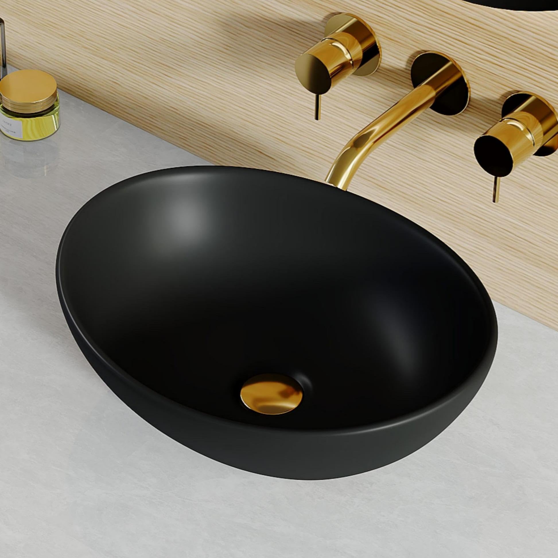 Eridanus Countertop Basin, Oval Ceramic Bathroom Vessel Sink, 410 x 335 x 150 mm, Matt Black, Modern Vanity Wash Basin