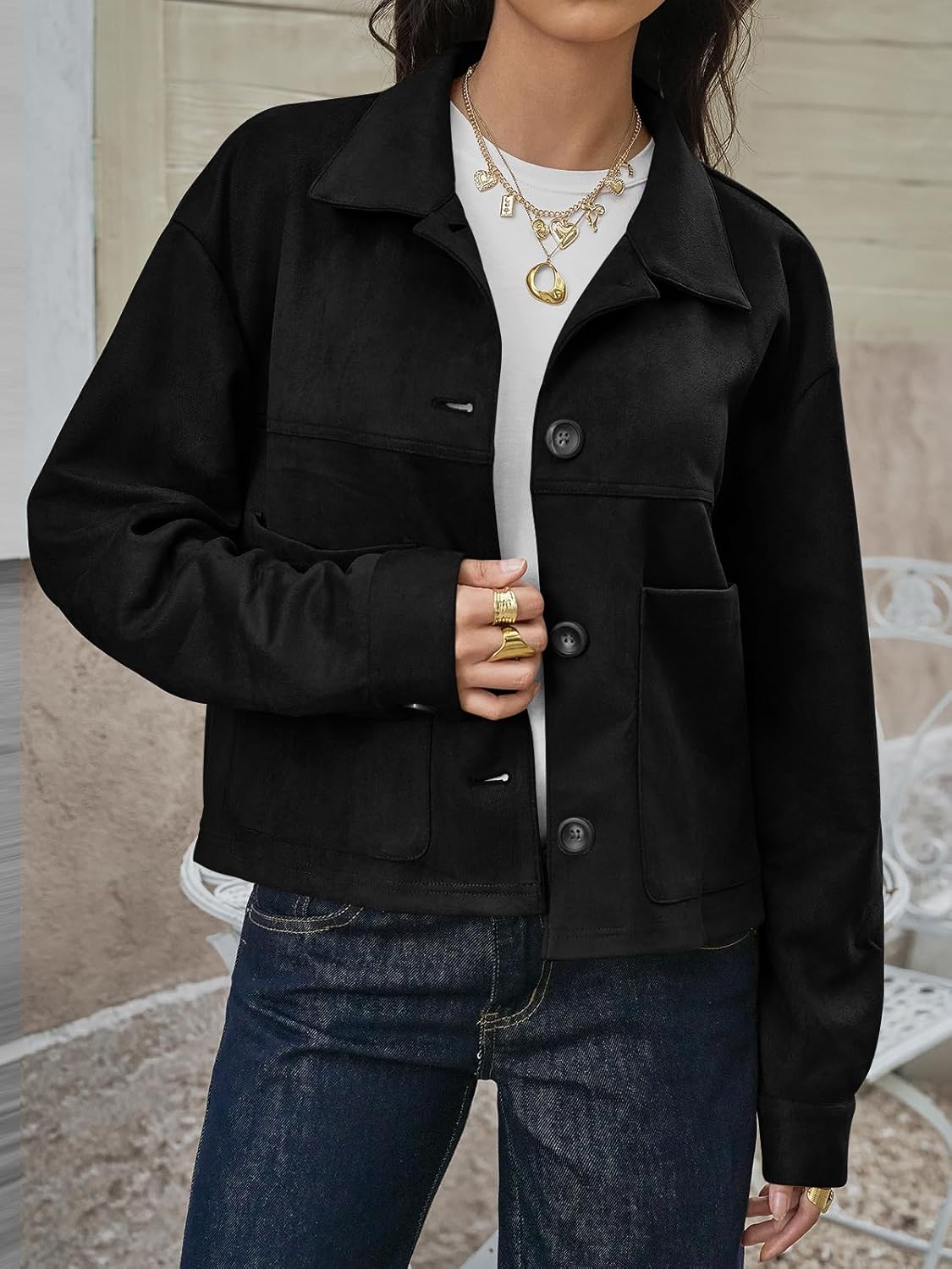 Tankaneo Womens Cropped Faux Suede Leather Jackets Lapel Collar Button Down Short Coats Fall Winter Vintage Trendy Shackets - Image 2