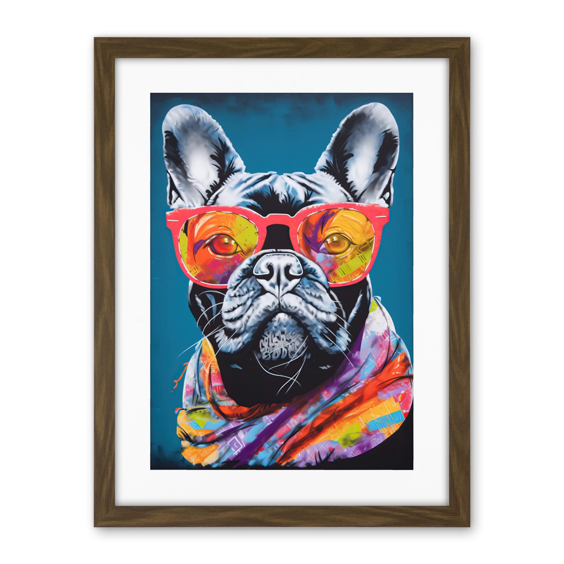 Artery8 English Bulldog with Neon Bandana and Sunglasses Artwork Framed Wall Art Print 18X24 Inch