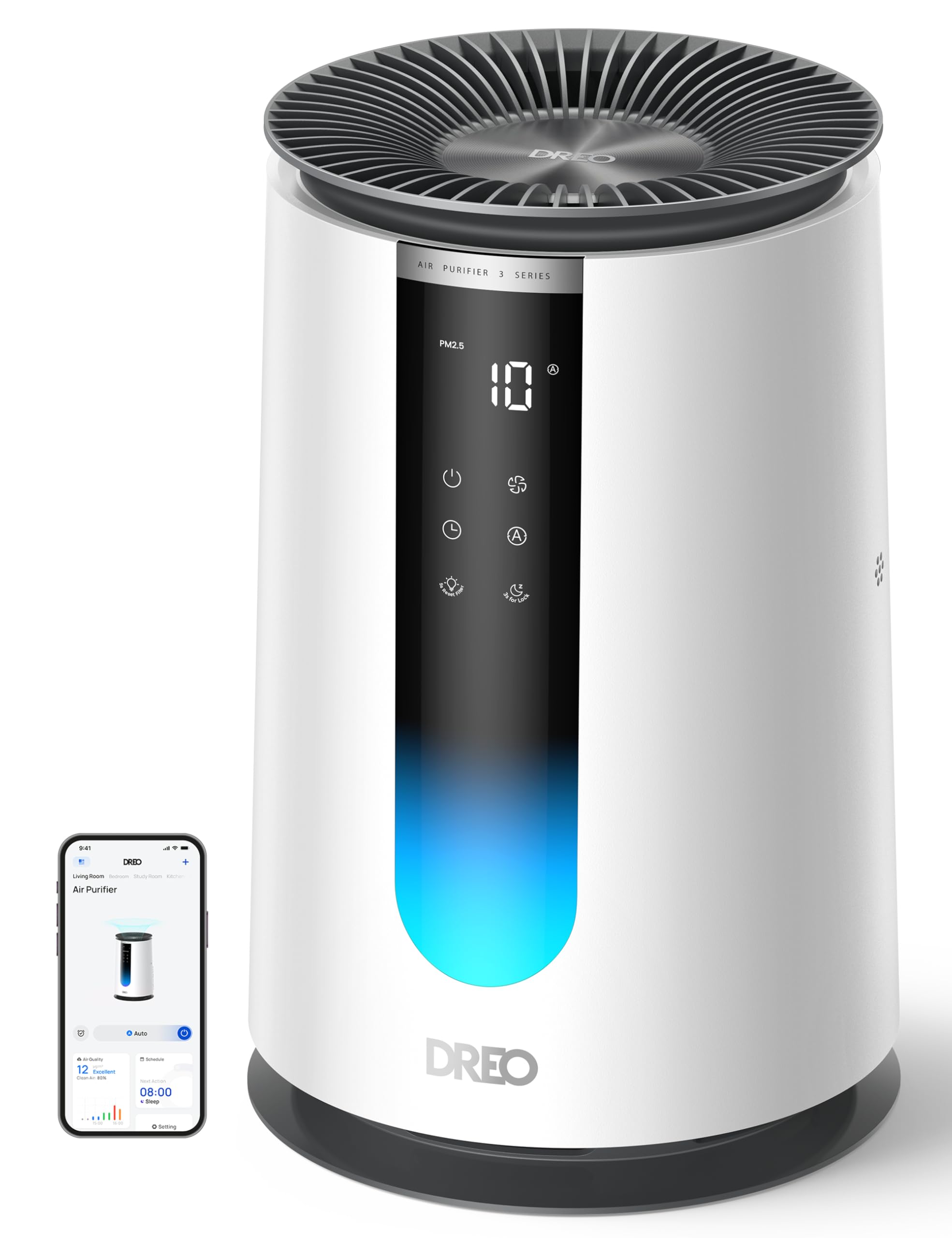 DREO-Luftreiniger für Schlafzimmer 195 m³/h CADR, Luftreiniger 338S,3-in-1-HEPA-Filter, 4 Modi, 4 Geschwindigkeiten, 18 dB,AQl-Display, PM2,5-Sensor, Auto-Modus, Aromakissen,WLAN/Sprachsteuerung/Alexa