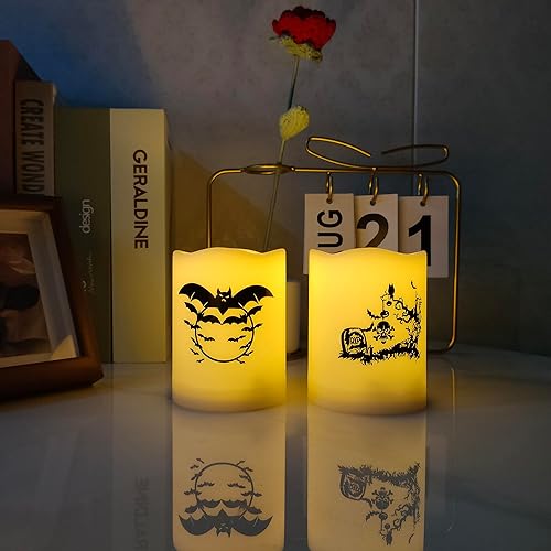 Miniatura 3 de iZAN Paquete de 2 velas de pilar sin llama de Halloween con control remoto y temporizador, funciona con pilas, juego de velas LED parpadeantes con
