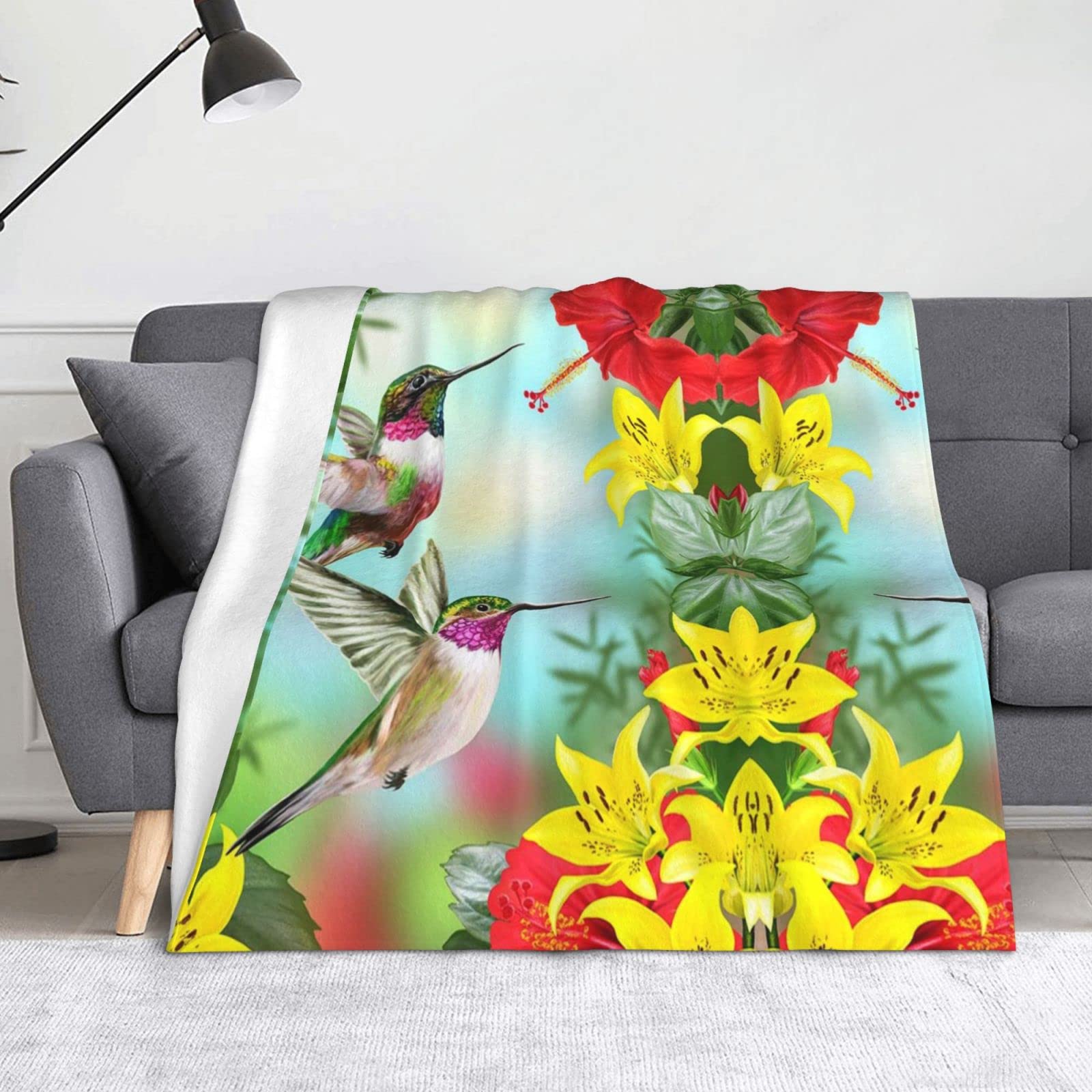 Couverture en microfibre douce jeté de lit motif colibri et fleurs de canapé flanelle