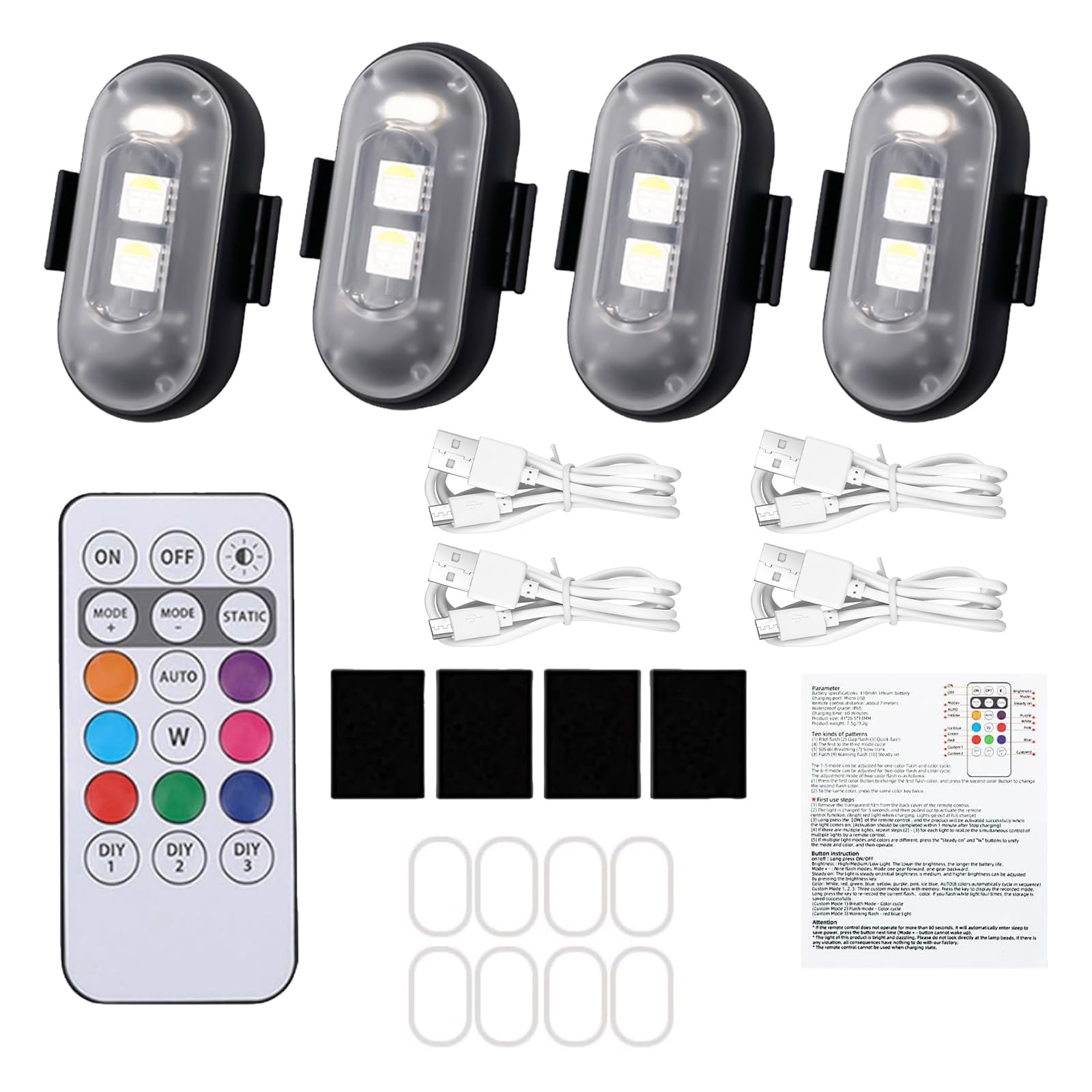 LED Voiture Exterieur sans Fil, Hulaiyaa 4 Pcs Lumières Stroboscopiques Télécommandées, Lampe Voiture Intérieur USB, Lumières sans Fil Étanches Anti-Collision, LED Drone Flash