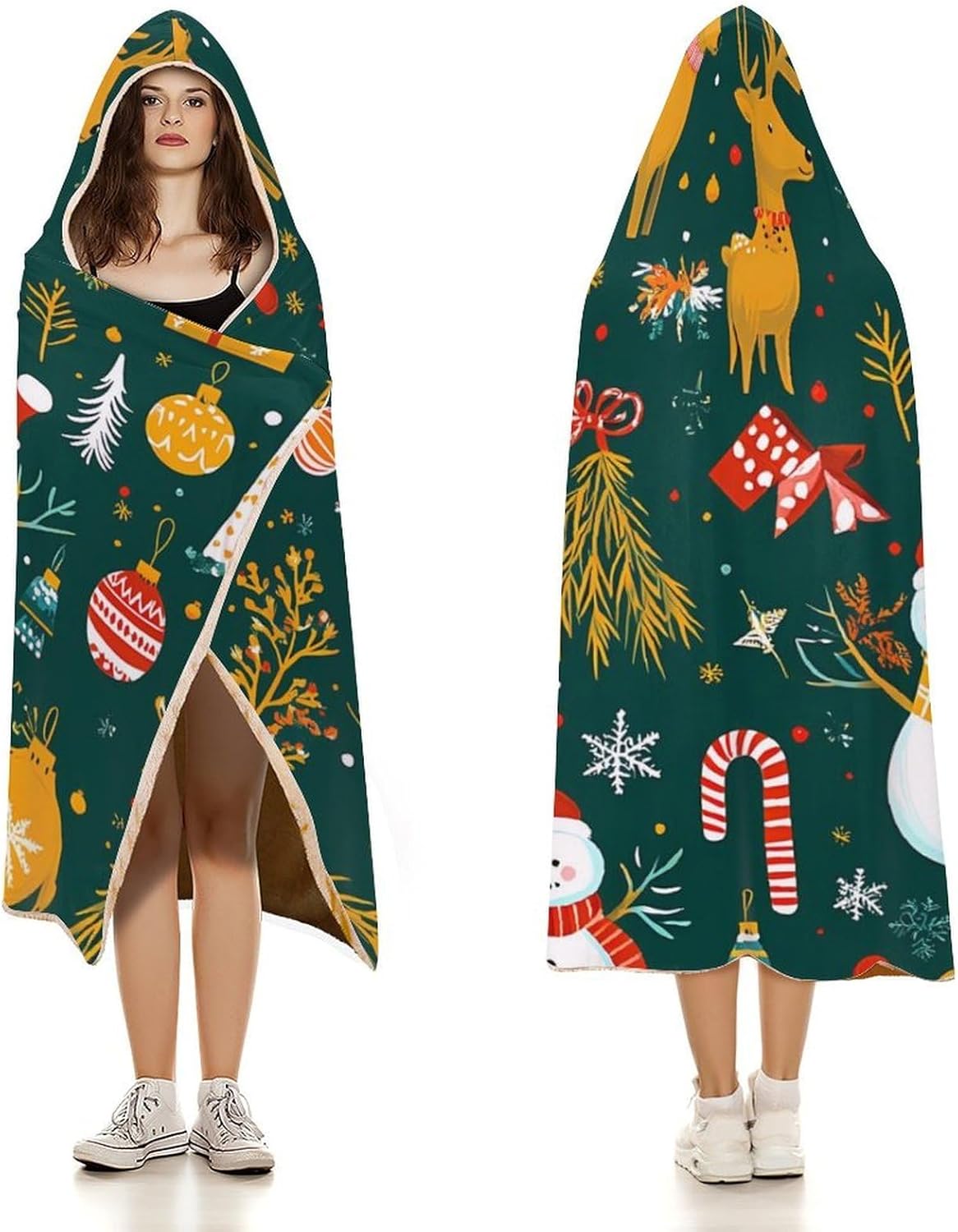 Christmas Reindeer Snowman Gift Fashion Wearable Blanket Hoodie Fleece Throw Cloak Robe Unisex