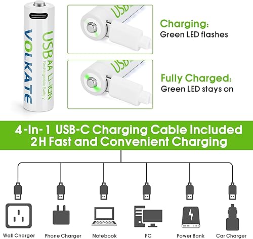 Miniatura 3 de Baterías AA recargables USB de 4000 mWh, paquete de 4 baterías de litio de alta capacidad de 1.5 V tamaño AA con cable de carga, para cámara Blink