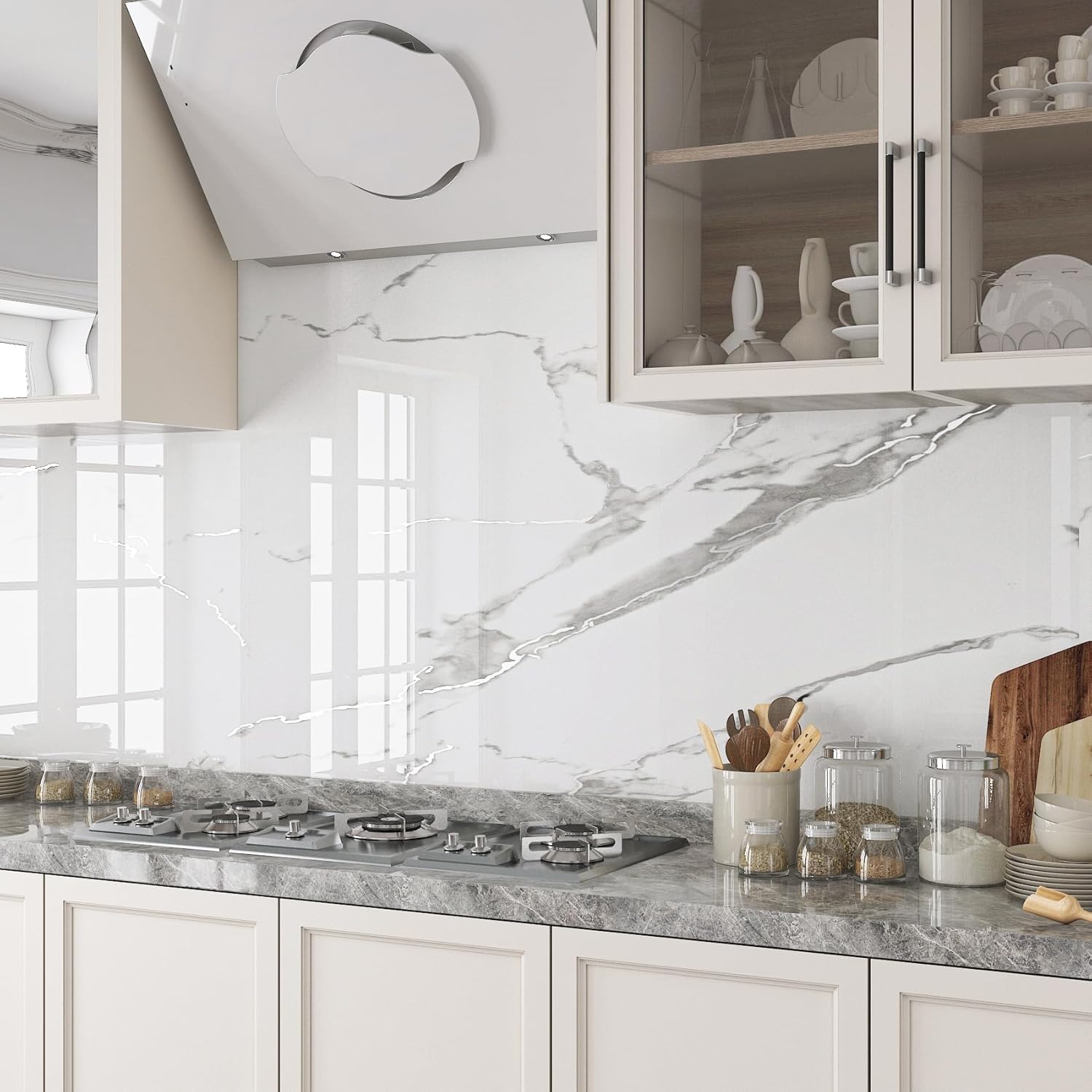 LaCheery Grey White Marble Contact Paper 157 x 24 Inch Wide White Marble Peel and Stick Countertop Vinyl Wrap Waterproof Wallpaper for Bathroom Kitchen Countertops Counter Top Covers Thick Glossy Roll