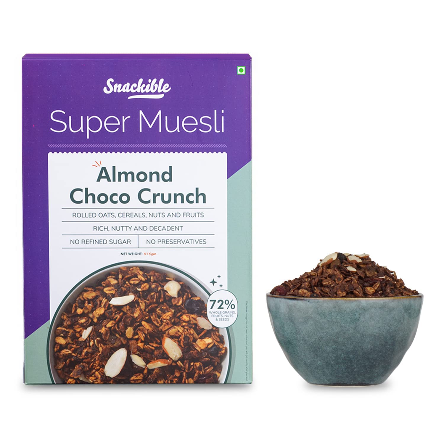 Snackible Almond Choco Crunch Super Muesli 375gm | Rich in Protein | Low Cholesterol | No Refined Sugar