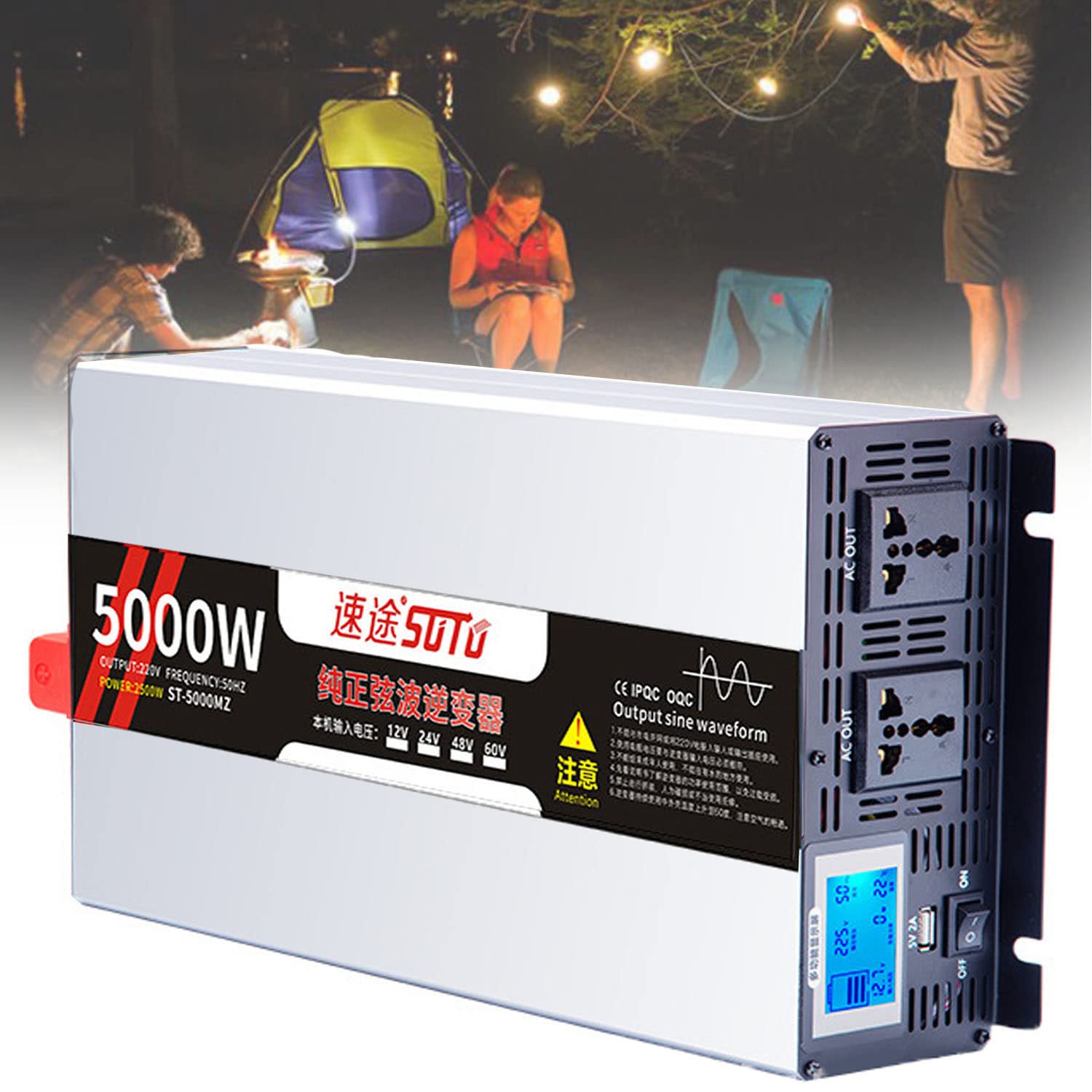 4000 W/5000 W/6000 W (szczyt) przetwornica prądu stałego 12 V/24 V na AC 220 V 230 V konwerter samochodowy falownik solarny z 2 gniazdami AC i wyświetlaczem LCD do kampera, ciężarówki, kempingu,