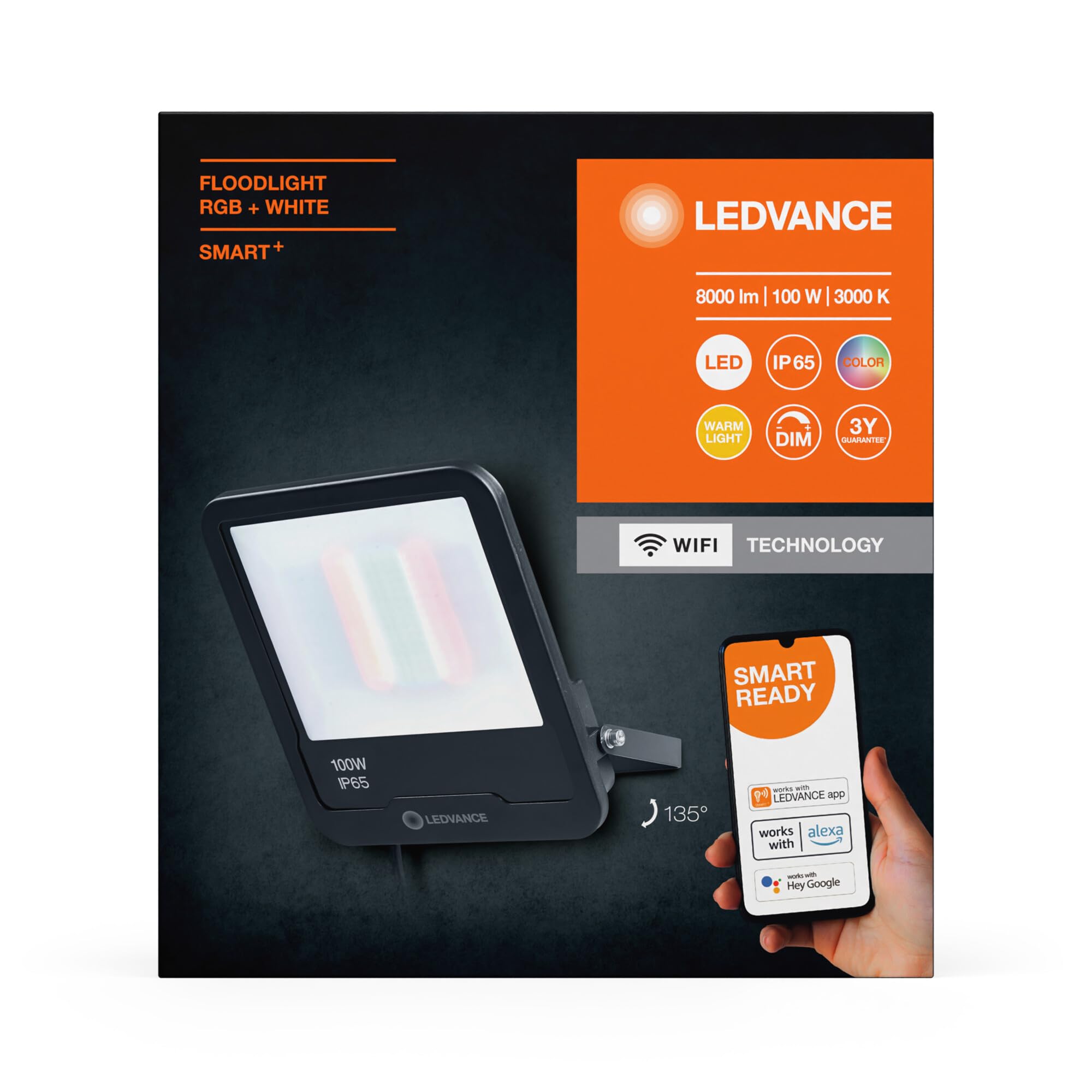 LEDVANCE WIFI Smartes High-Power Flutlicht, dunkelgrau, 100W, 8000lm, regulierbares Farblicht & Weißlicht, dimmbar, App-steuerbar, inklusive Befestigungszubehör, IP65 Schutzklasse, RGBW