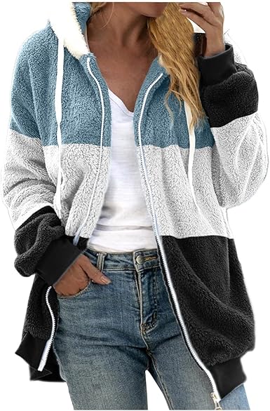 Fuzzy Fleece Jackets for Women Plus Size Hoodies Fall Winter Coats Color Block Patchwork Cardigan Coat with Pockets