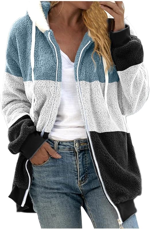 Fuzzy Fleece Jackets for Women Plus Size Hoodies Fall Winter Coats Color Block Patchwork Cardigan Coat with Pockets