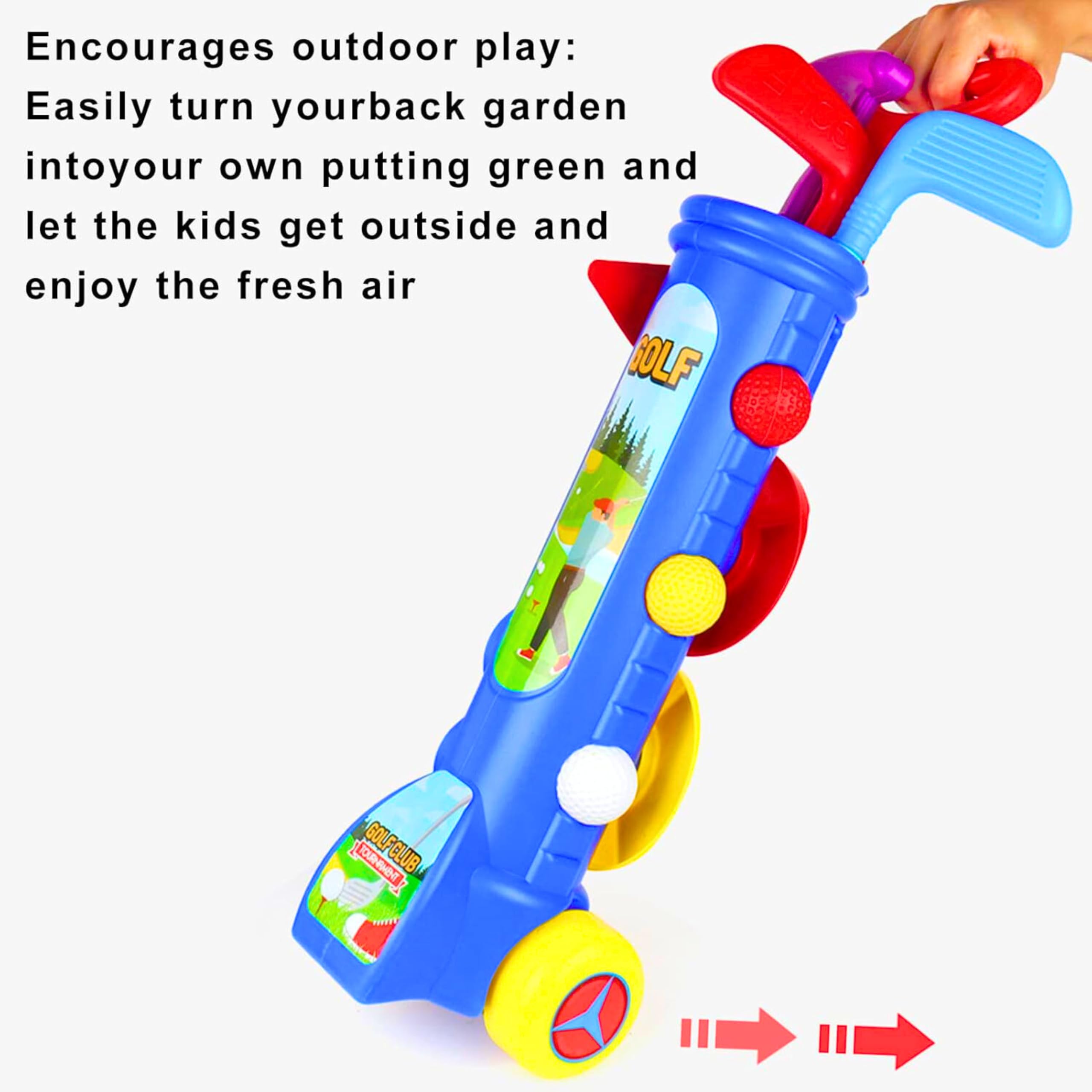 AYEBIA Kids Golf Toy Set | Kids Golf Set Golf Cart with Wheels - Golf Toys with 1 Golf Cart, 3 Golf Clubs, 2 Practice Holes, 2 Golf Tees and 3 Balls, Outdoor Exercise Toys for Kids