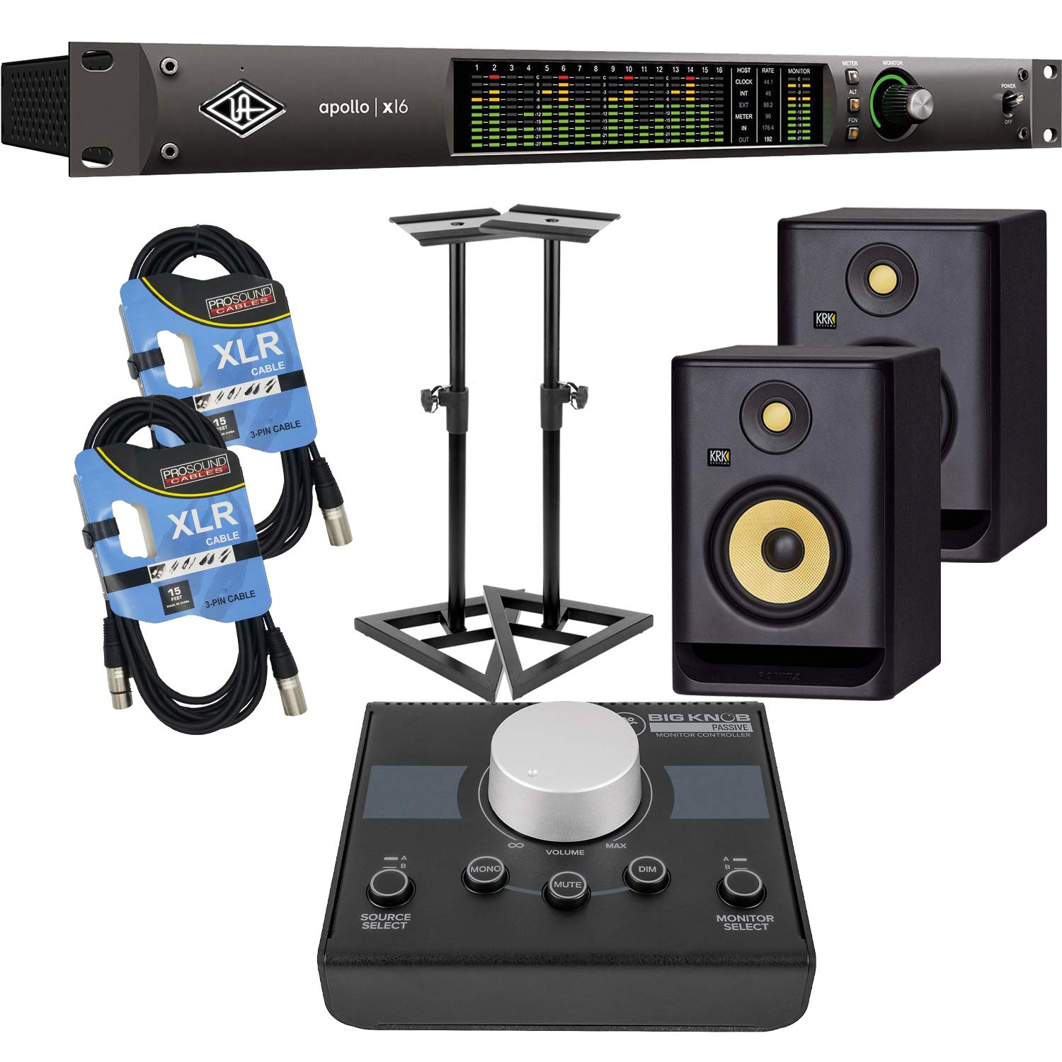 Universal Audio Apollo x16 Heritage Edition 18 x 20 Thunderbolt, (2) KRK RP5G4 Monitor, Monitor Stands, (2) XLR Cable, Mackie Big Knob Passive Bundle