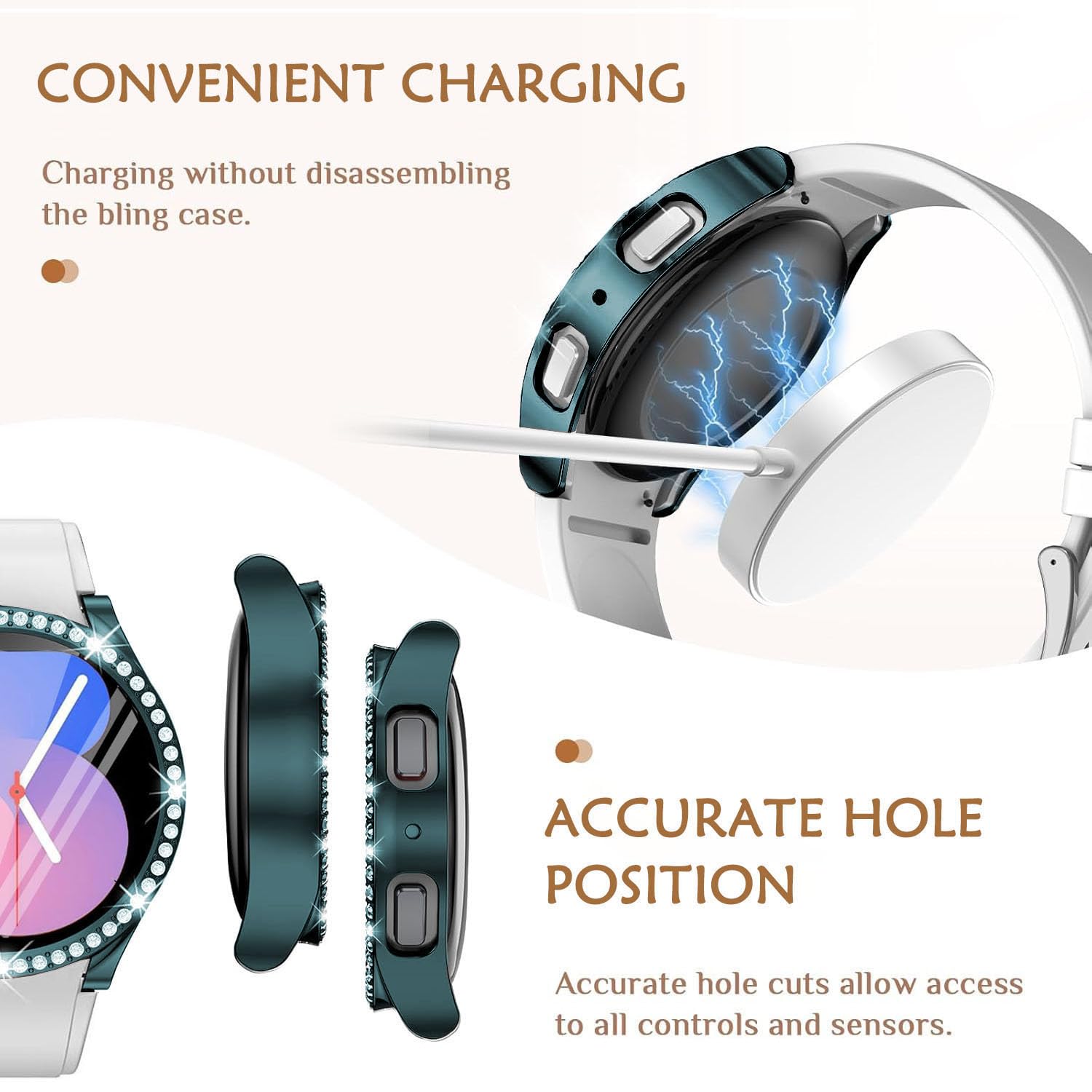 DEALELE [2-PACK] Case Compatible with Samsung Galaxy Watch 5/4 44mm, Bling Single-Row Diamond PC Protective Case Replacement Watch Cover Bumper (44mm, Gold+Transparent) — view 127