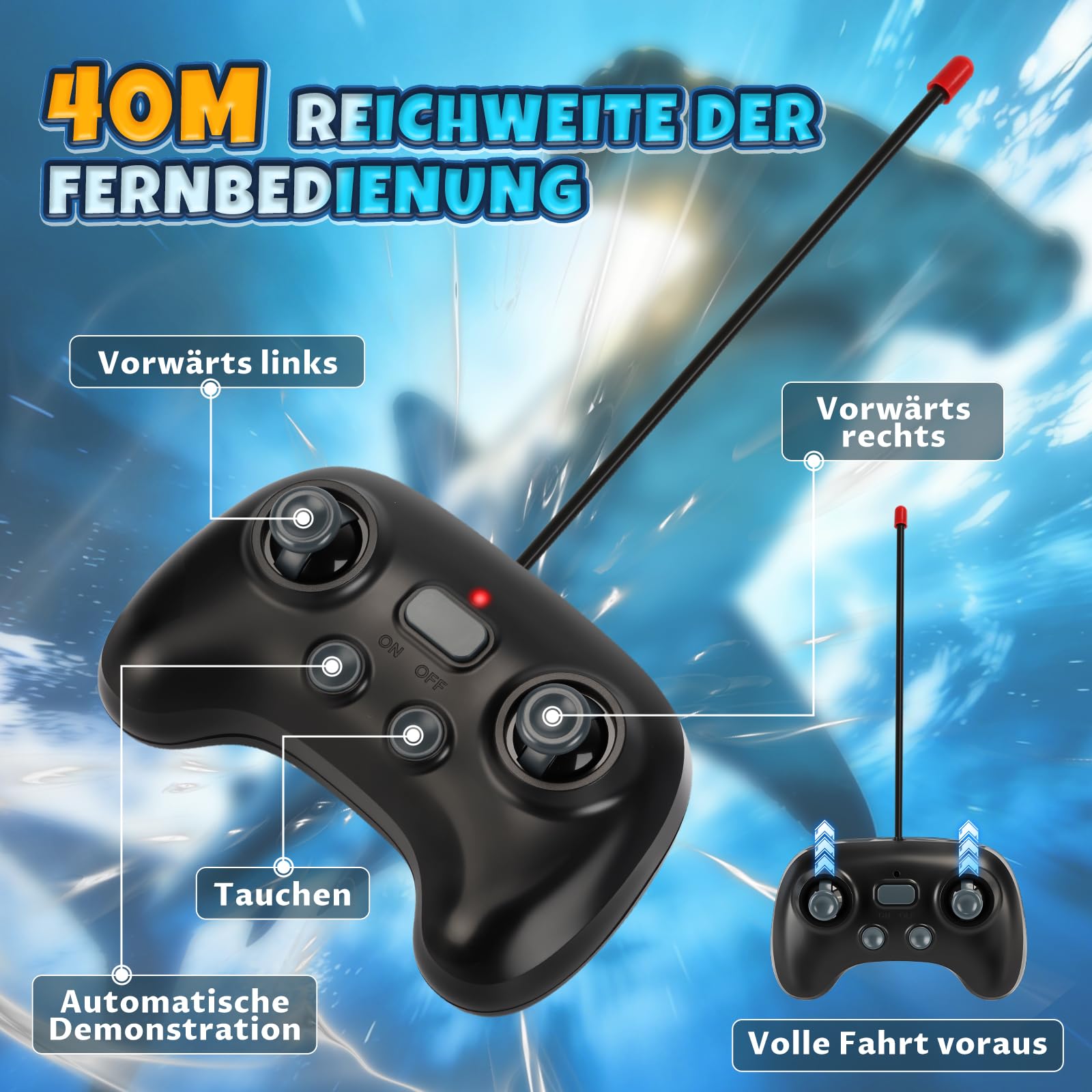 Ferngesteuerter Hai mit Tauchfunktion, 2.4GHz RC Hai mit LED-Licht, Unterwasser-Hai Spielzeug für Pool & Badewanne, Geschenk für Kinder ab 6 Jahren Jungen & Mädchen (Grau)