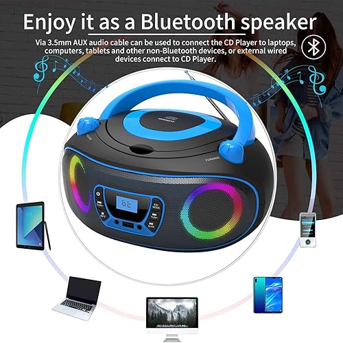 Miniatura 5 de Reproductor de CD de radio portátil con Bluetooth, radio FM, reproducción de MP3 USB, entrada auxiliar, conector para auriculares, compatible con CD