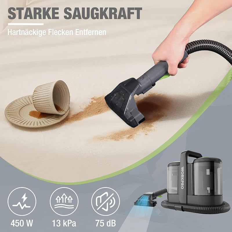 WORKPRO 450W Szőnyegtisztító Porszívó 13 kPa, 1.6L Kárpittisztító Kanapé Autó