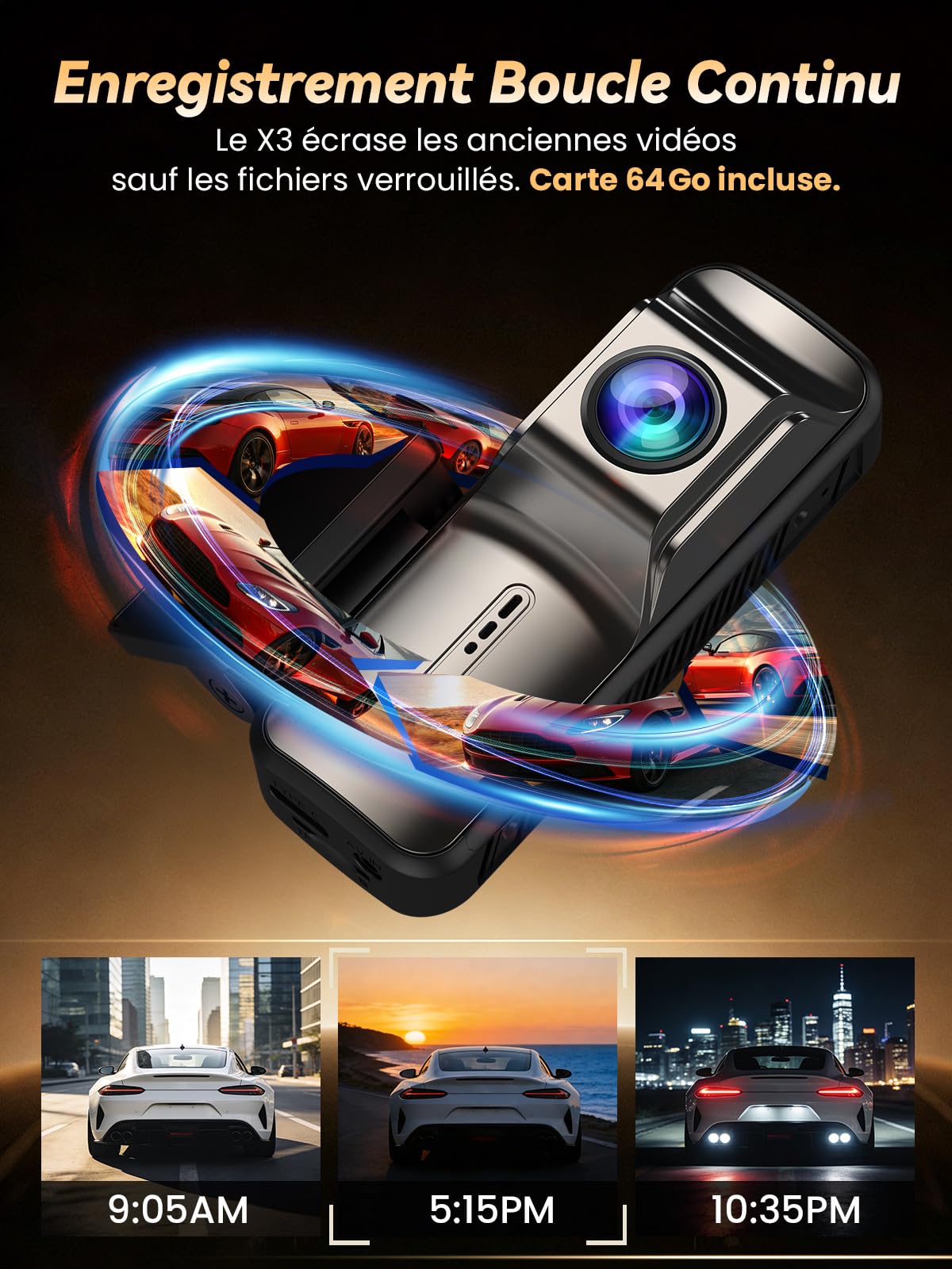 Dashcam Voiture Avant Arriere 4K +1080P, Contrôle APP avec Wi-FI 5G, Carte 64 Go, Moniteur de Stationnement 24H, WDR, Vision Nocturne, G-Sensor, Grand Angle de 170° (X3)