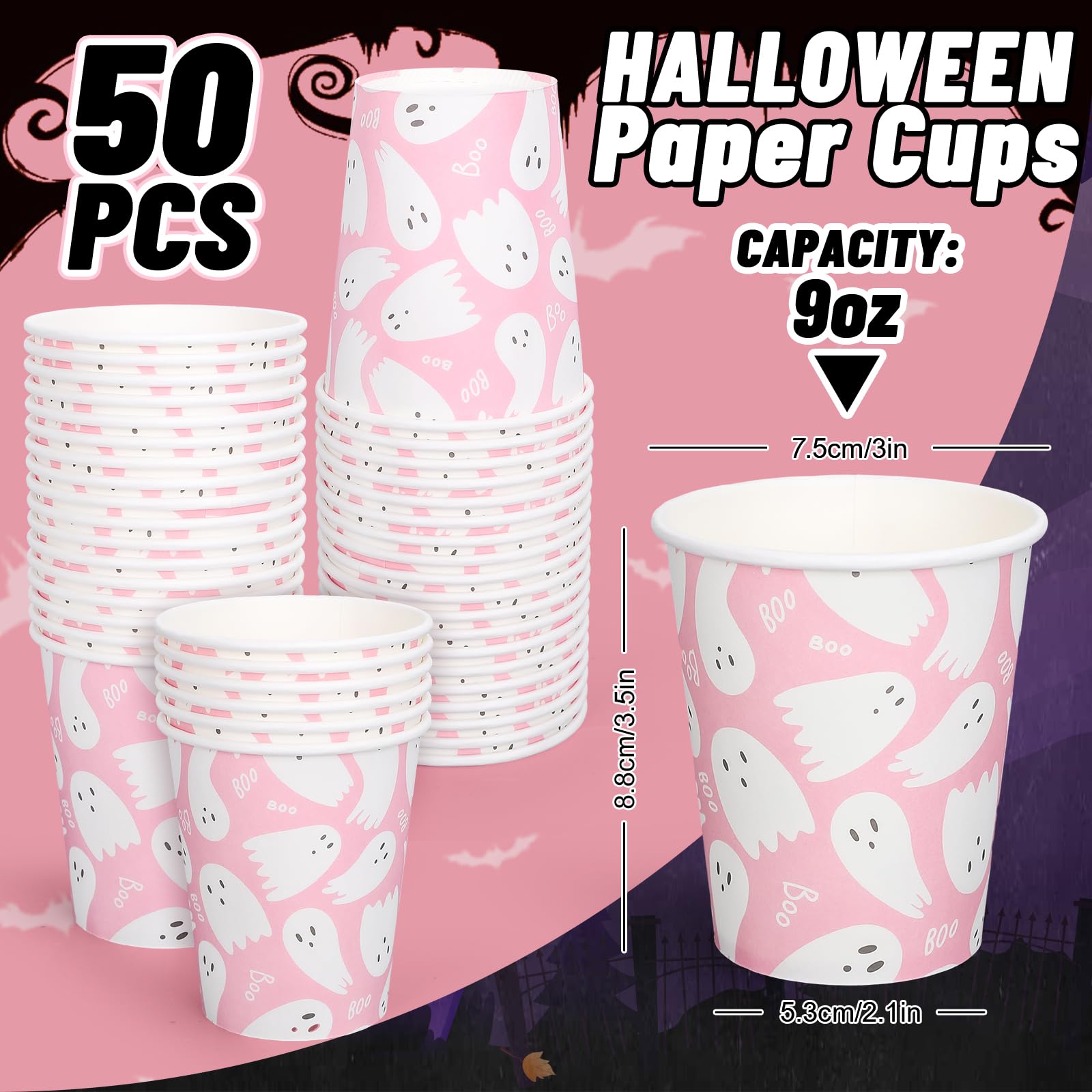 50 Stück Halloween-Pappbecher, 473 Ml – Rosa Geister-Design, Einweg, Für Party & Dekoration