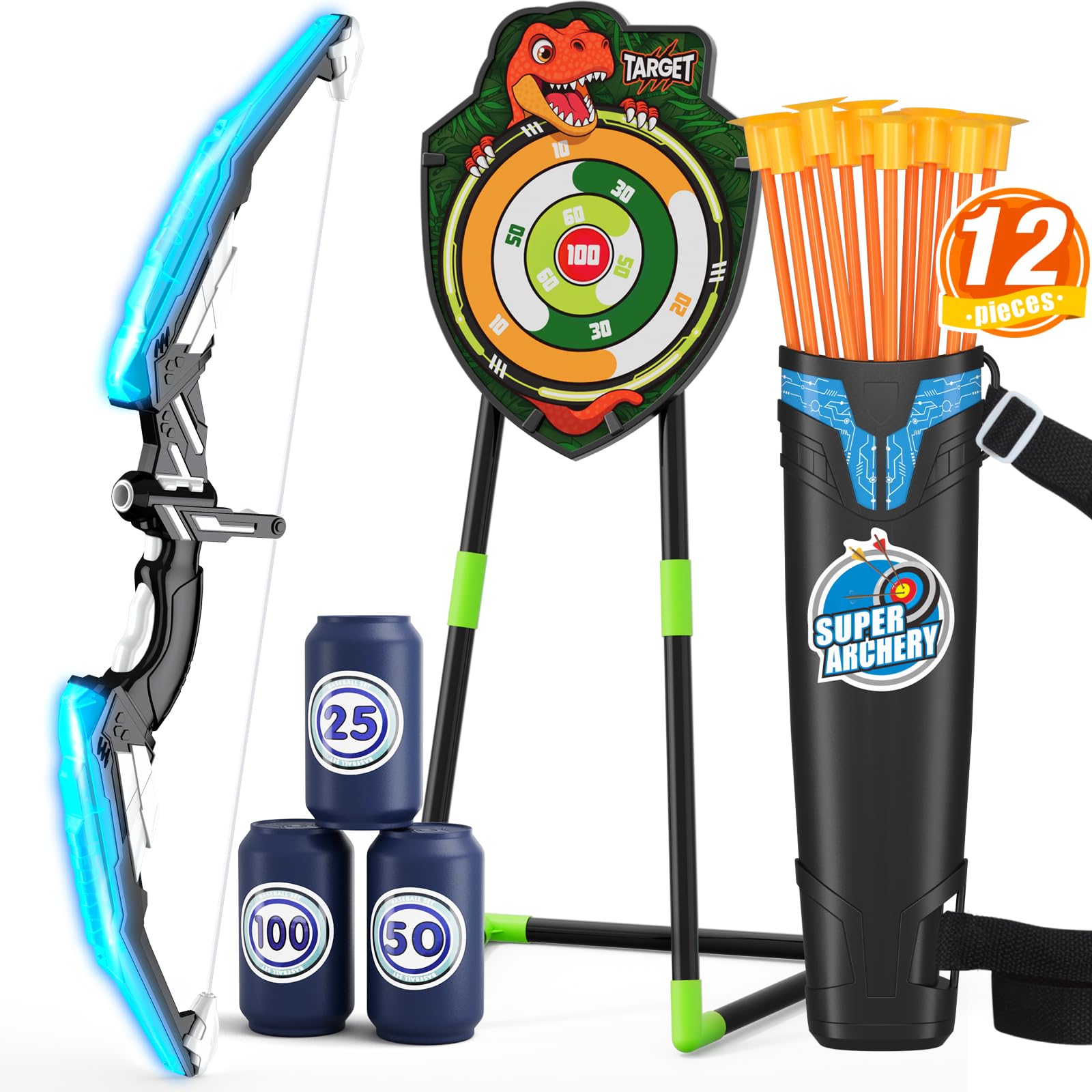 Bow and Arrow for Kids, LED Light Up Archery Set with 12 Suction Cup Arrows, 1 Standing Target, 3 Score Targets & 1 Quiver, Indoor Outdoor Sport Gifts for Boys Girls Ages 4-12, Blue