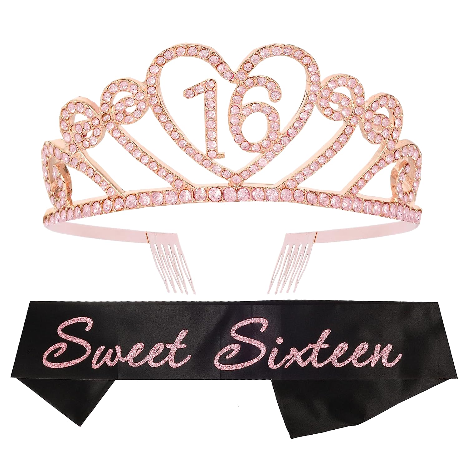 16th Birthday Sash and Tiara for Girls - Fabulous Set: Glitter Sash + Gravity Rhinestone Pink Premium Metal Tiara, 16th Birthday Gifts for Sweet 16 Birthday Party