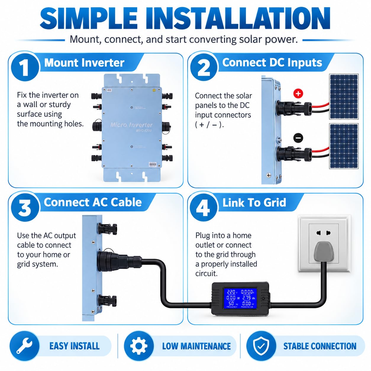 Inversor de red eléctrica para balcón, microinversor solar, WVC, inversor de módulo, microinversor, acoplado a la red, con indicador de vigilancia de datos CA, 4 rastreadores MPP, 1200 W, IP65