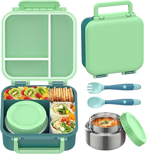 Miniatura 14 de Lonchera Bento para niños con termo de 9 onzas, recipientes de almuerzo a prueba de fugas con 3 compartimentos, tamaño apto para niños, lonchera