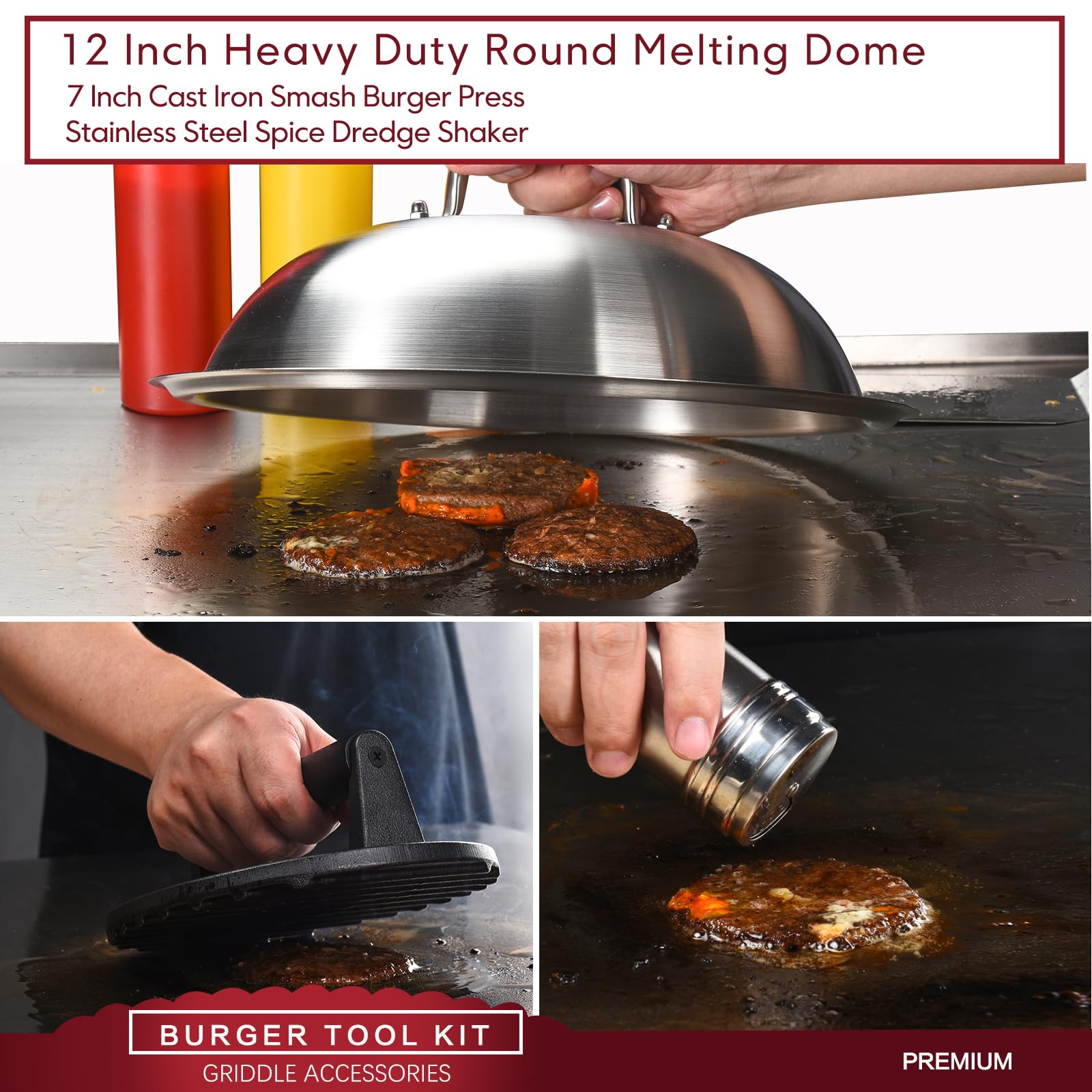 WWM 7" Smash Burger Press & 12" Round Melting Dome, 2Pcs Squeeze Squirt