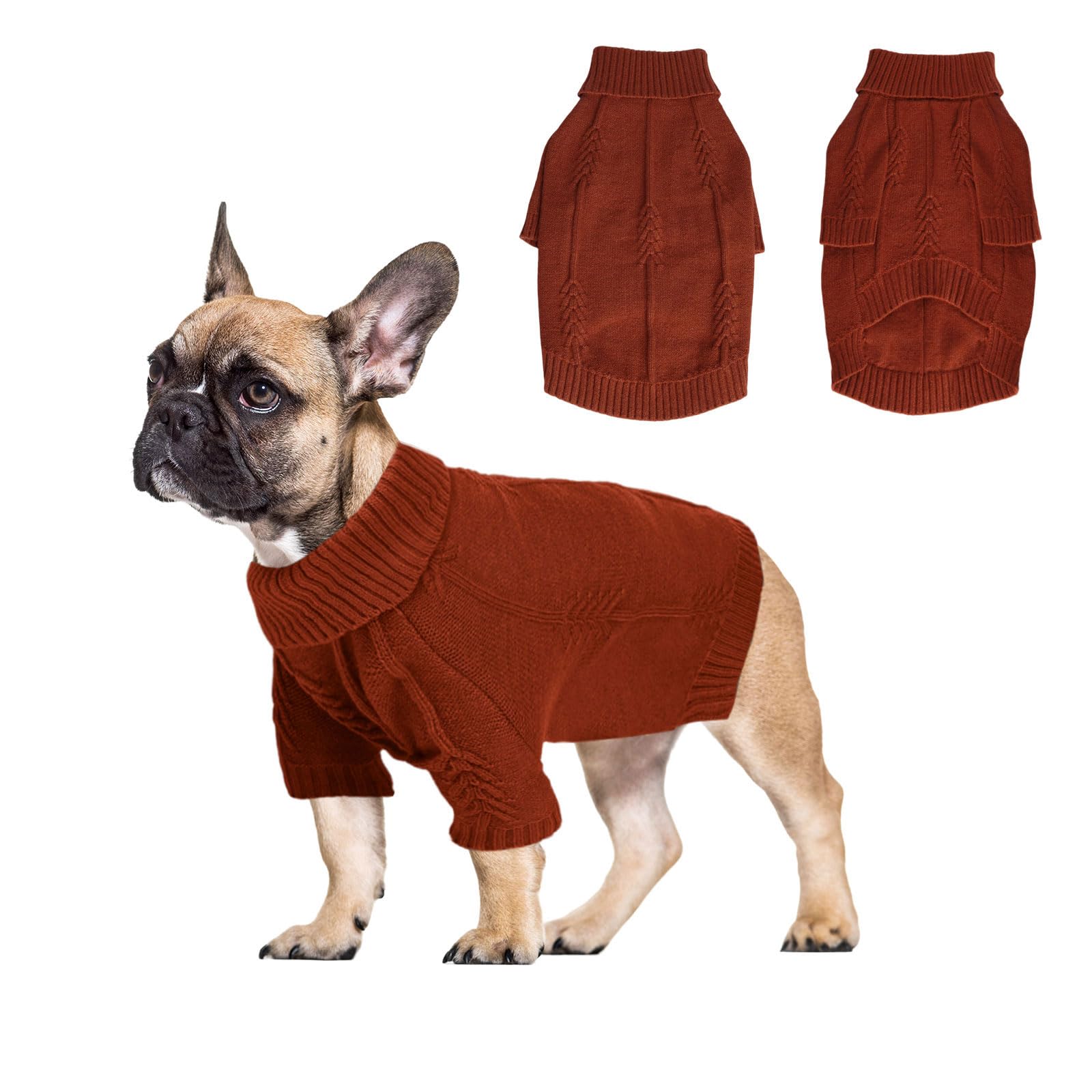 DELIFUR Long Sleeve Dog Sweater - Knitted Turtleneck Knitwear Warm Coat With Classic Cable Fall Winter Clothes for Medium Dogs (Brick Red, XX-Large)