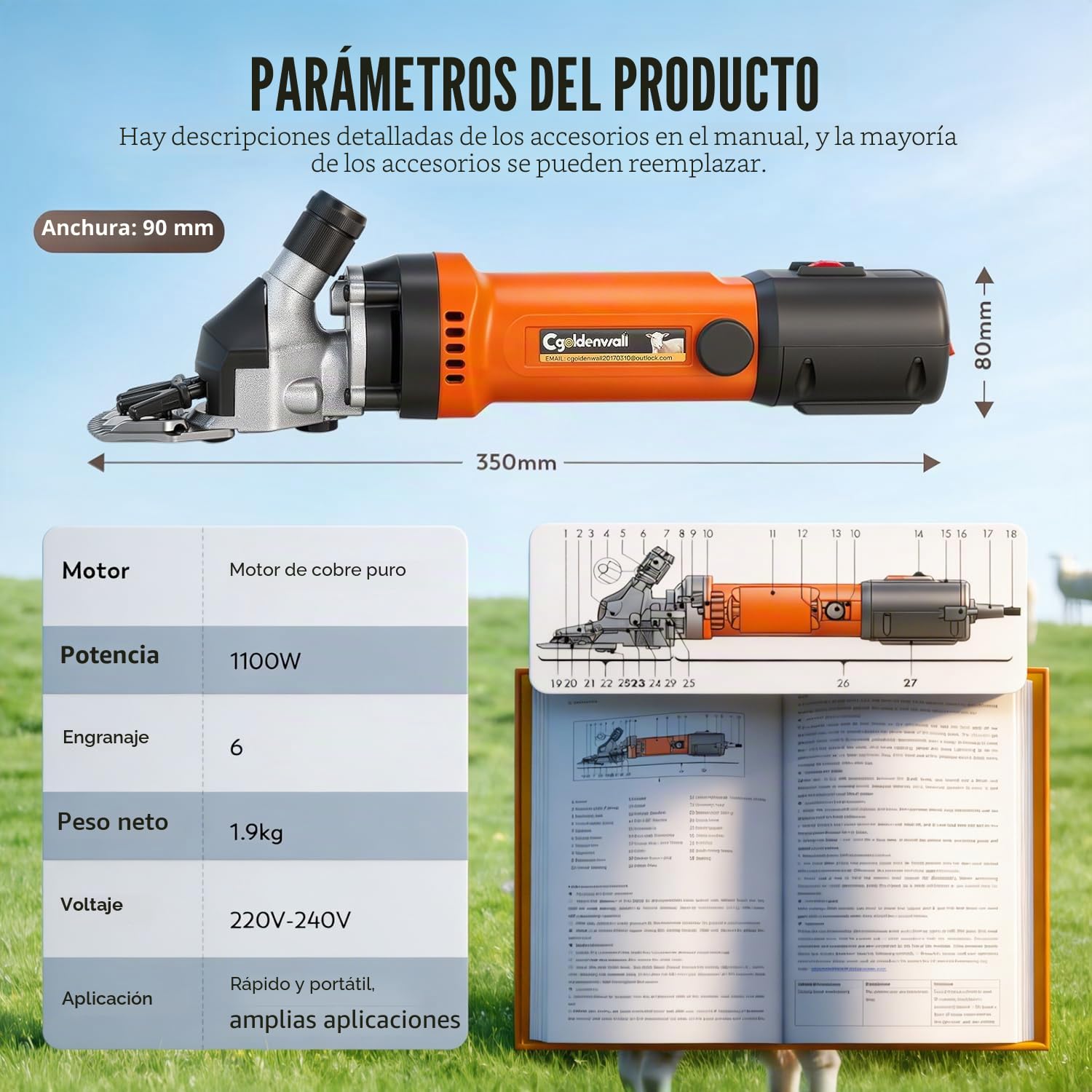 CGOLDENWALL Esquiladora para Oveja Profesional 690W 2400RPM, Ajuste de 6 Velocidades, con Cable de Alimentación de 5 Metros, para Ovejas Alpacas Cabras - Aceite Lubricante Incluido