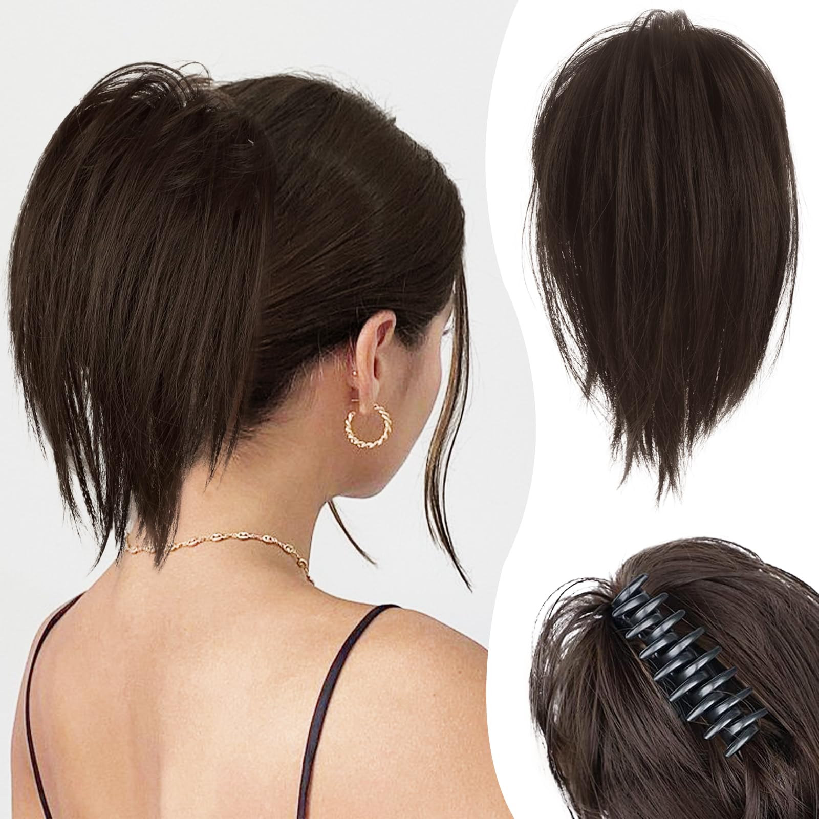 BARSDAR Messy Bun Hair Extensions, Claw Clip Messy Bun Hair Piece Short Ponytail Extension Brown Tousled Updo Hair Bun Straight Synthetic Chignon Hair Bun Extensions For Women-Medium Chestnut Brown