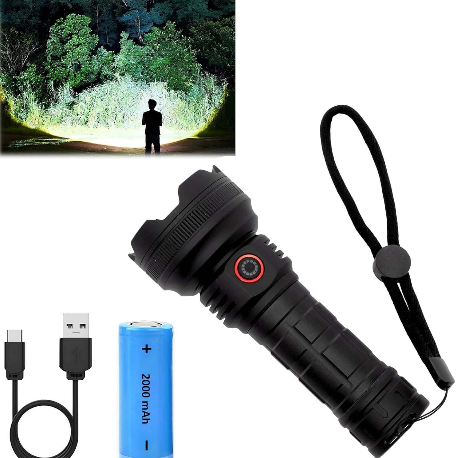 Feelon LED Flashlights Rechargeable High Lumens, 90000 Lumen Super Bright Zoomable with USB Cable, 7 Modes Powerful Handheld LED Flashlights for Home Emergencies Camping Camping (5 Modes)