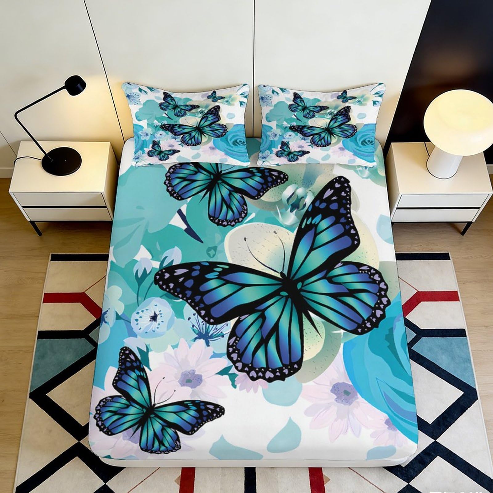 3D Printed Butterfly Fitted Sheet Microfiber Deep Pocket Elastic Hem Bedroom Bedding Butterfly Mattress Fitted Cover Washable for All Ages 90x200x25cm