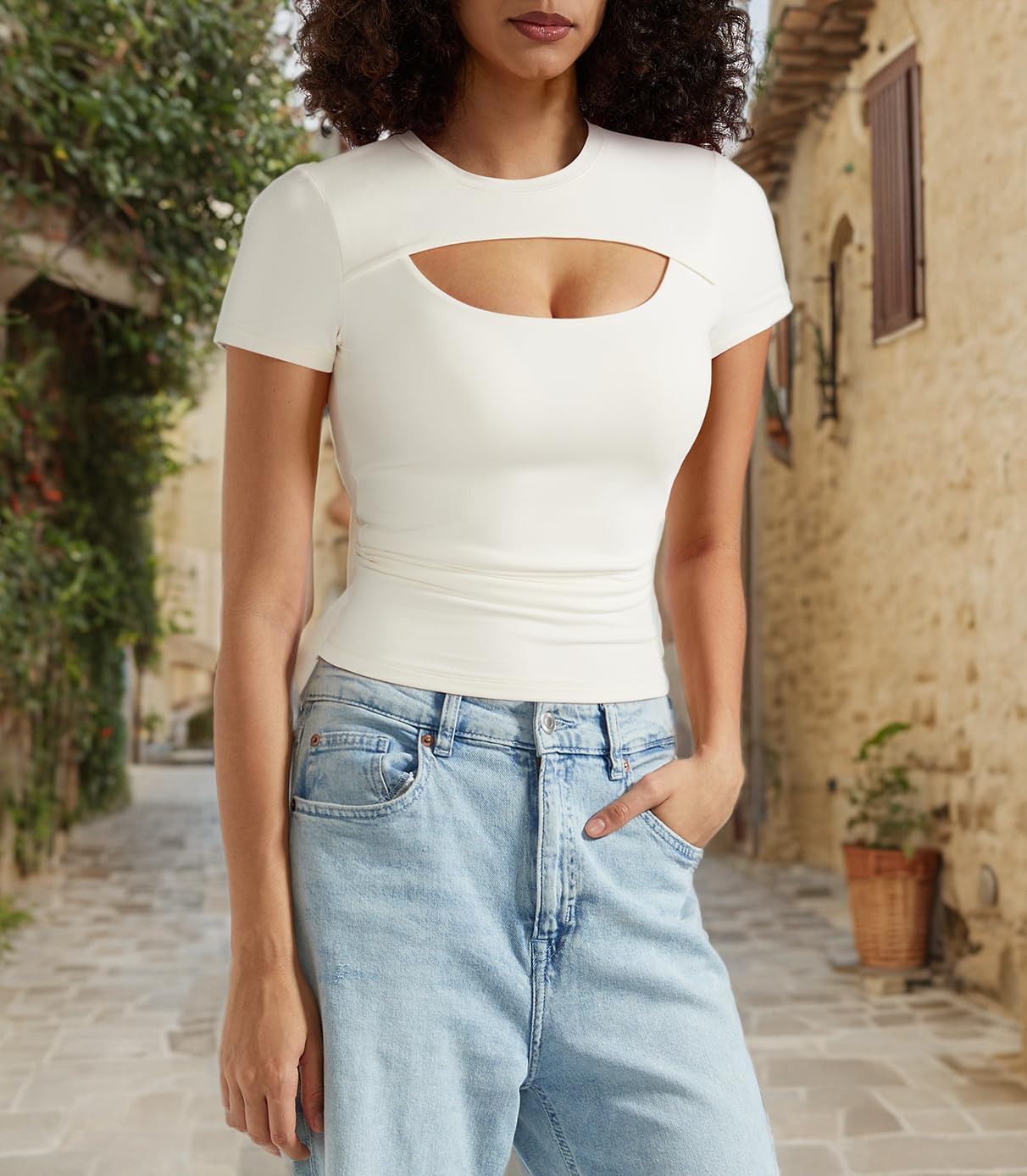 OMKAGI Double Lined Slim Fit T Shirts for Women Short Sleeve Crew Neck Crop Top - Image 5