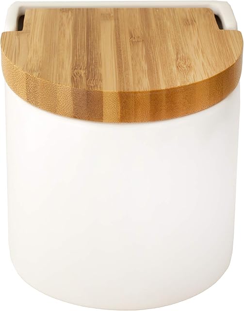 KOOK TIME Salt Pig for Kitchen, Ceramic Salt Cellar with ecofriendly Natural Bamboo Swivel lid, Size 11.7 x 11.5 x 11.3 cm (White)