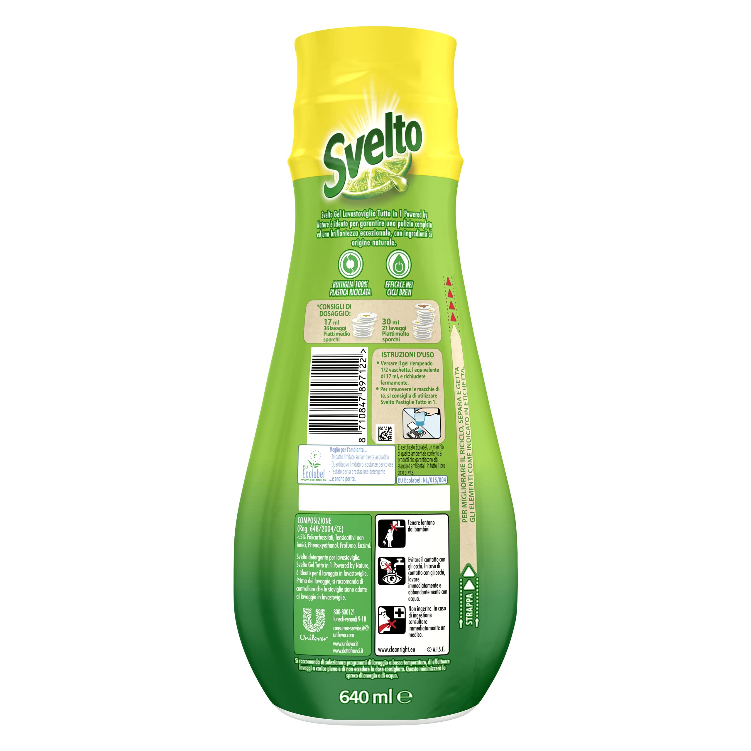 Svelto Gel para lavavajillas todo en 1 Powered By Nature, 6 unidades de 36 lavados, detergente lavavajillas con ingredientes de origen natural, eficaz en ciclos cortos, 100% plástico reciclado, limón