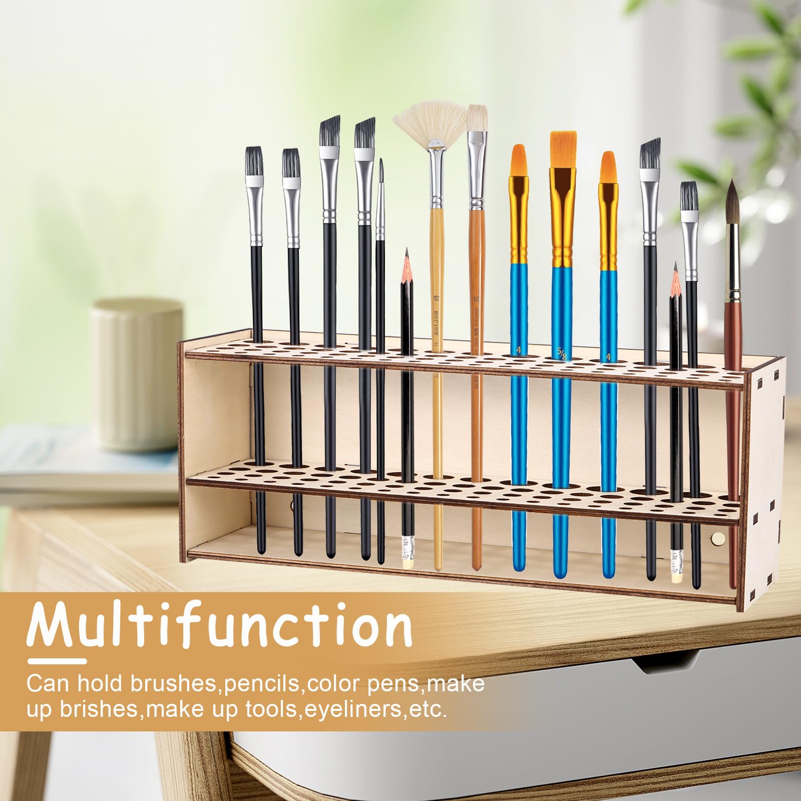 Porta Pennelli In Legno Con 67 Fori - Per Pittura, Trucco, Matite, Organizzatore Da Tavolo - Foto 3