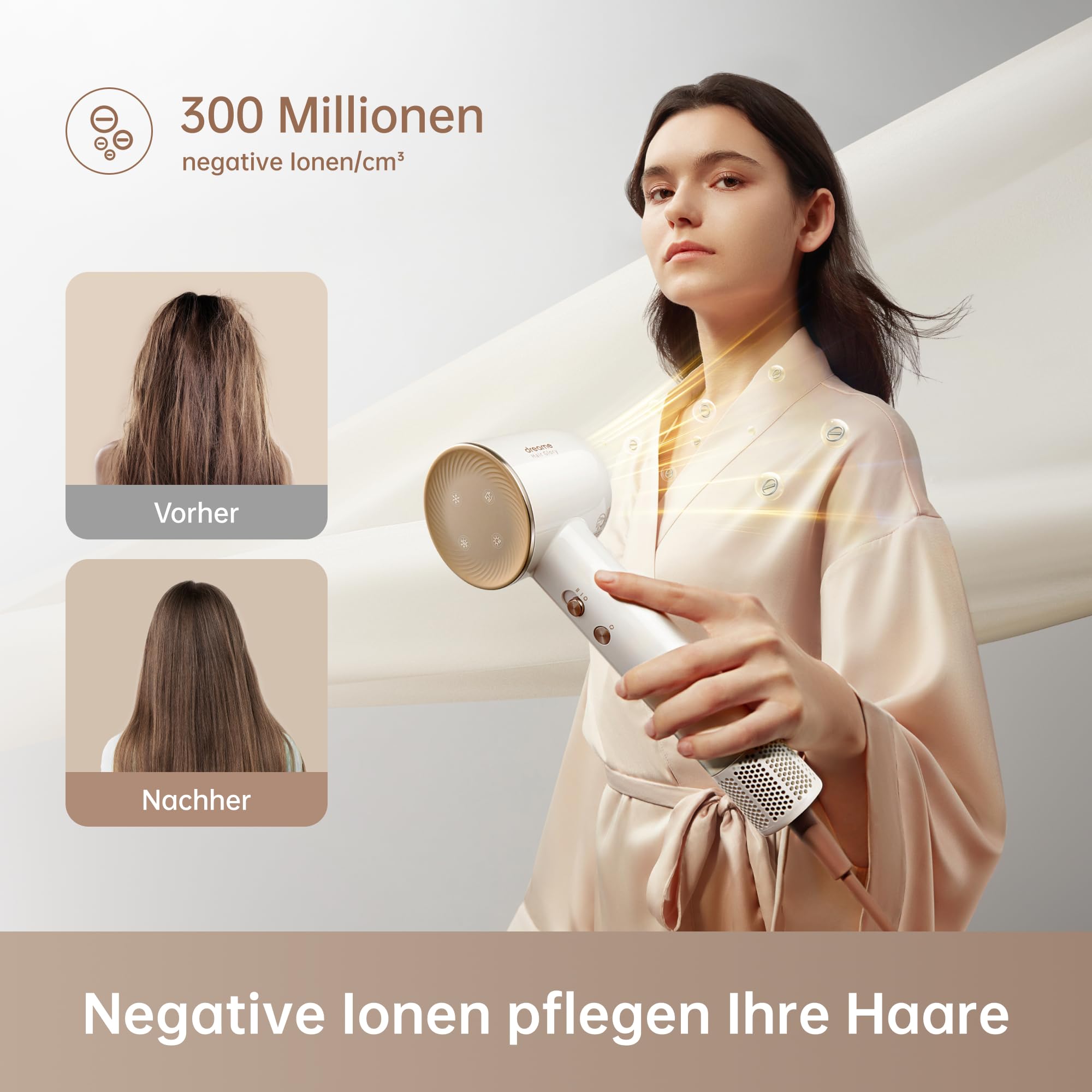 DREAME Hair Glory Combo Haartrockner,Trocknet schnell,110.000 Umdrehungen pro Minute,Luftstrom70m/s,Negativ-Ionen-Technologie,Temperatur-und Luftgeschwindigkeitsregelung,Düse Diffusor,Geräuscharm,Weiß