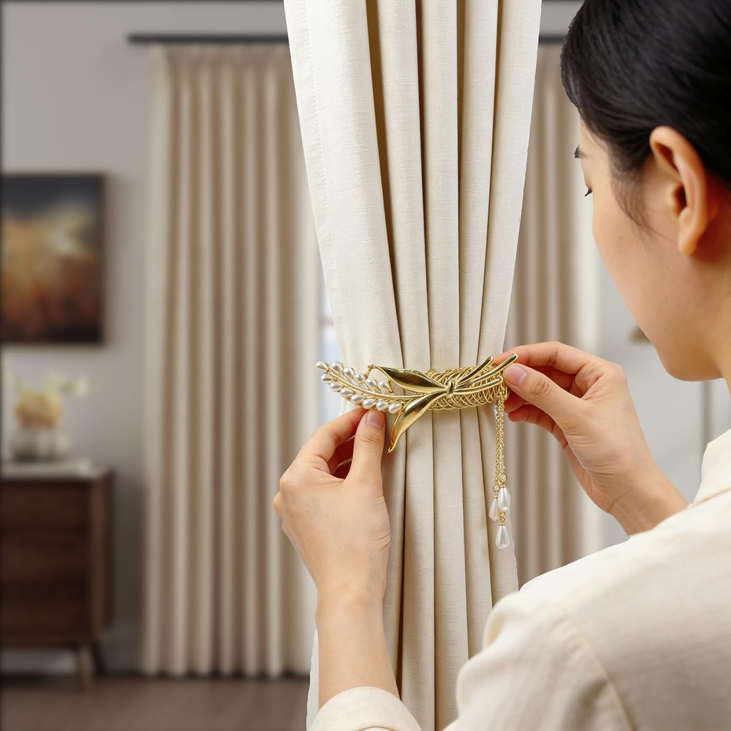 2Pcs Curtain Tiebacks with Tassel Pearl Dangle, Wheat Zinc Alloy Spring Curtain Holdbacks, Decorative Drapery Clips for Home Bedroom Living Room Wedding (Golden Wheat Ears)