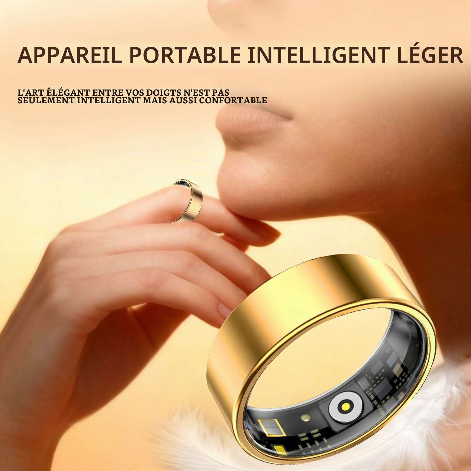 Bague Connectée Smart Ring pour Femme et Homme, Tracker Fitness avec Moniteur Fréquence Cardiaque, Sommeil, 100+ Sports, Podomètre, Étanche IP68, Sans Abonnement pour iOS and Android (Doré, 8)
