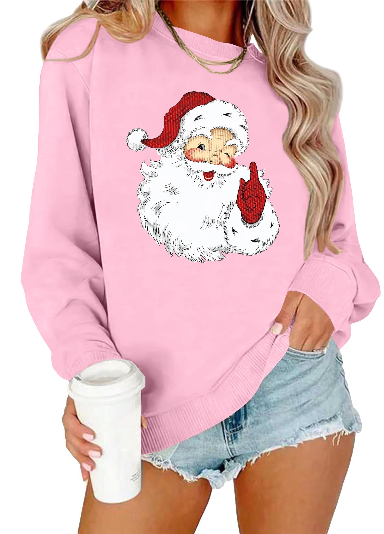 Christmas Sweatshirts for Women Retro Santa Claus Graphic Long Sleeve Shirt Xmas Pullover Tops