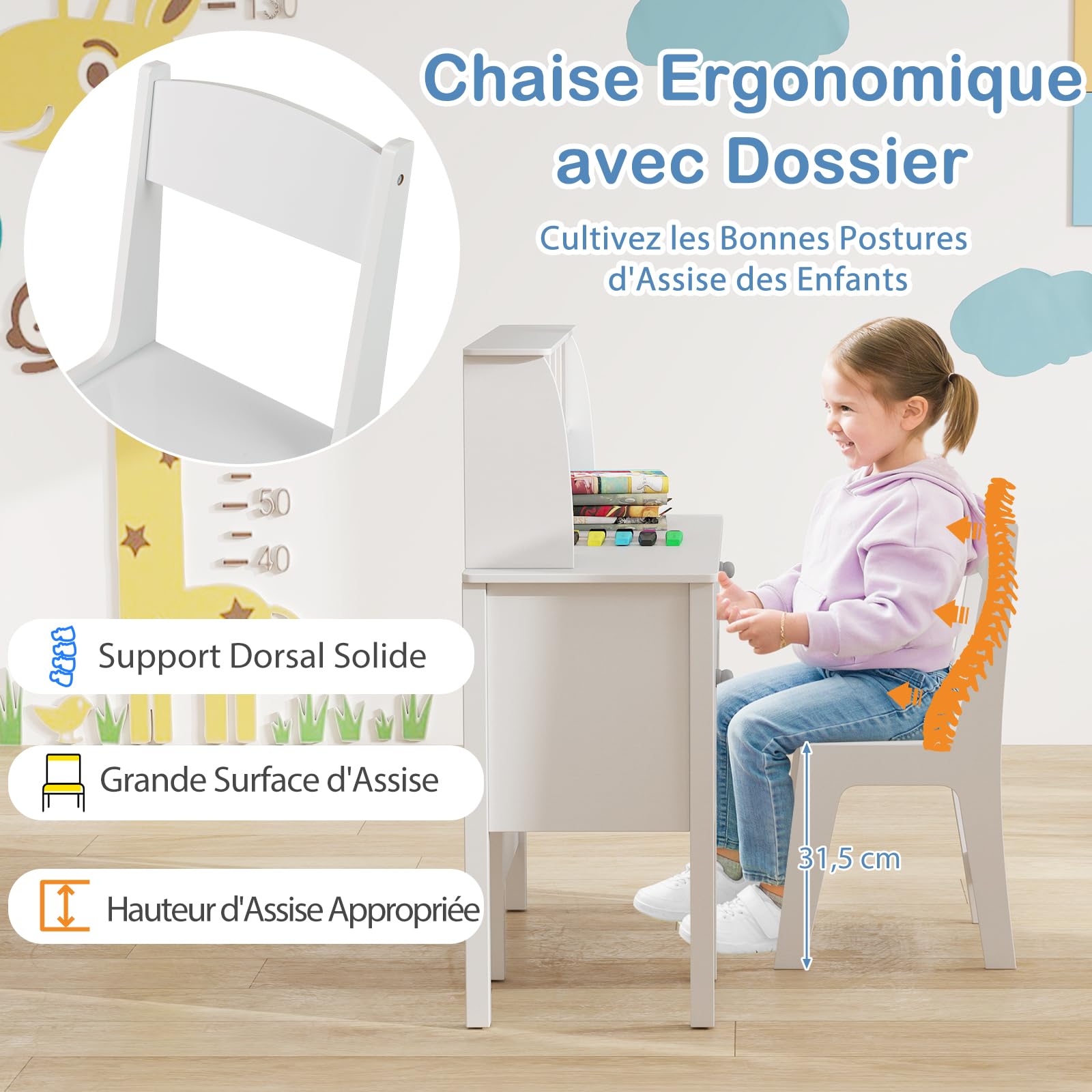 GOPLUS Bureau Garcon Fille, Table Enfant avec Chaise, Clapier 8 Cases, Grande Armoire et Tiroir, Dossier Ergonomique, Bureau Enfant en Bois avec Rangement
